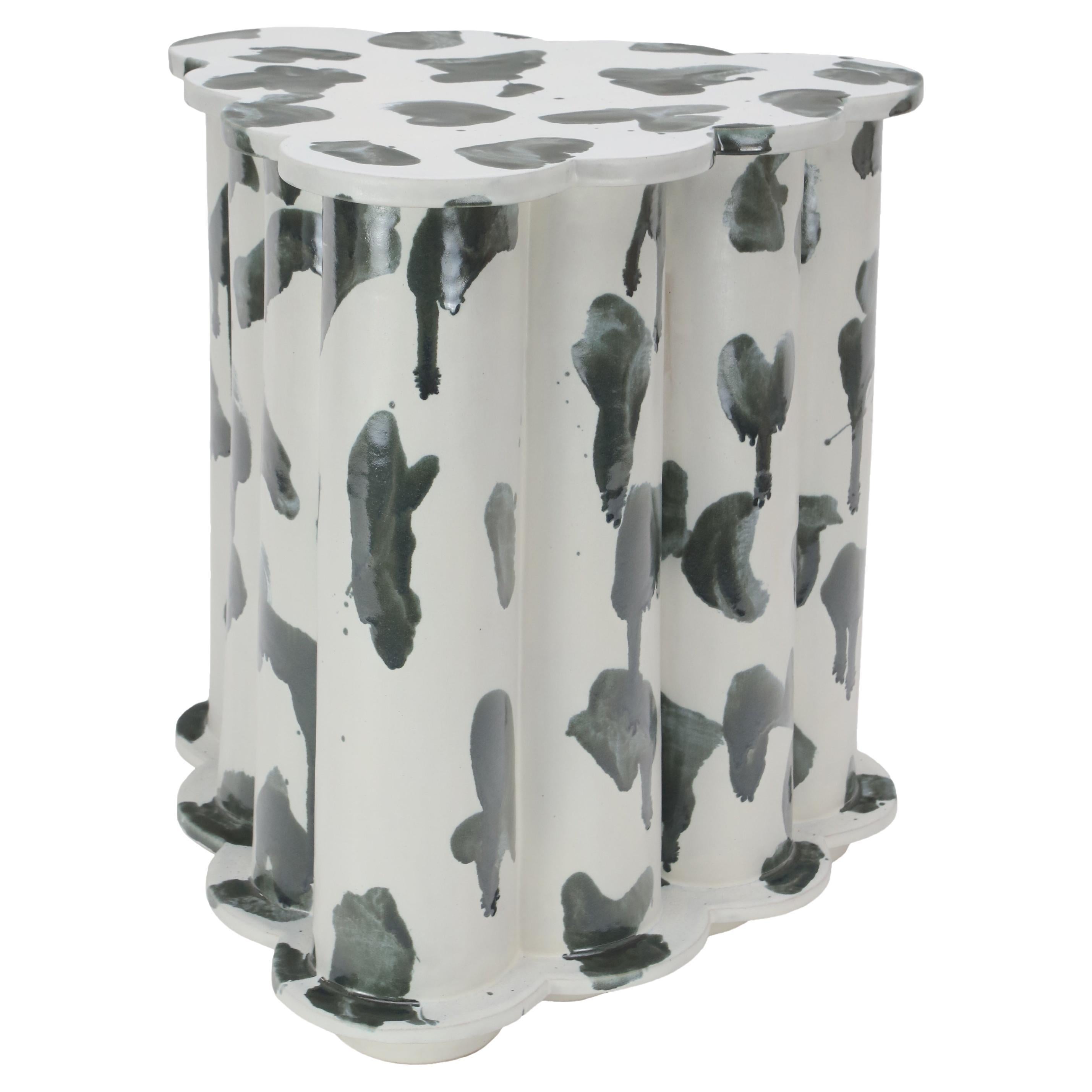 Single Tier Ruffle Ceramic Side Table & Stool in Drippy Palladium by Bzippy For Sale
