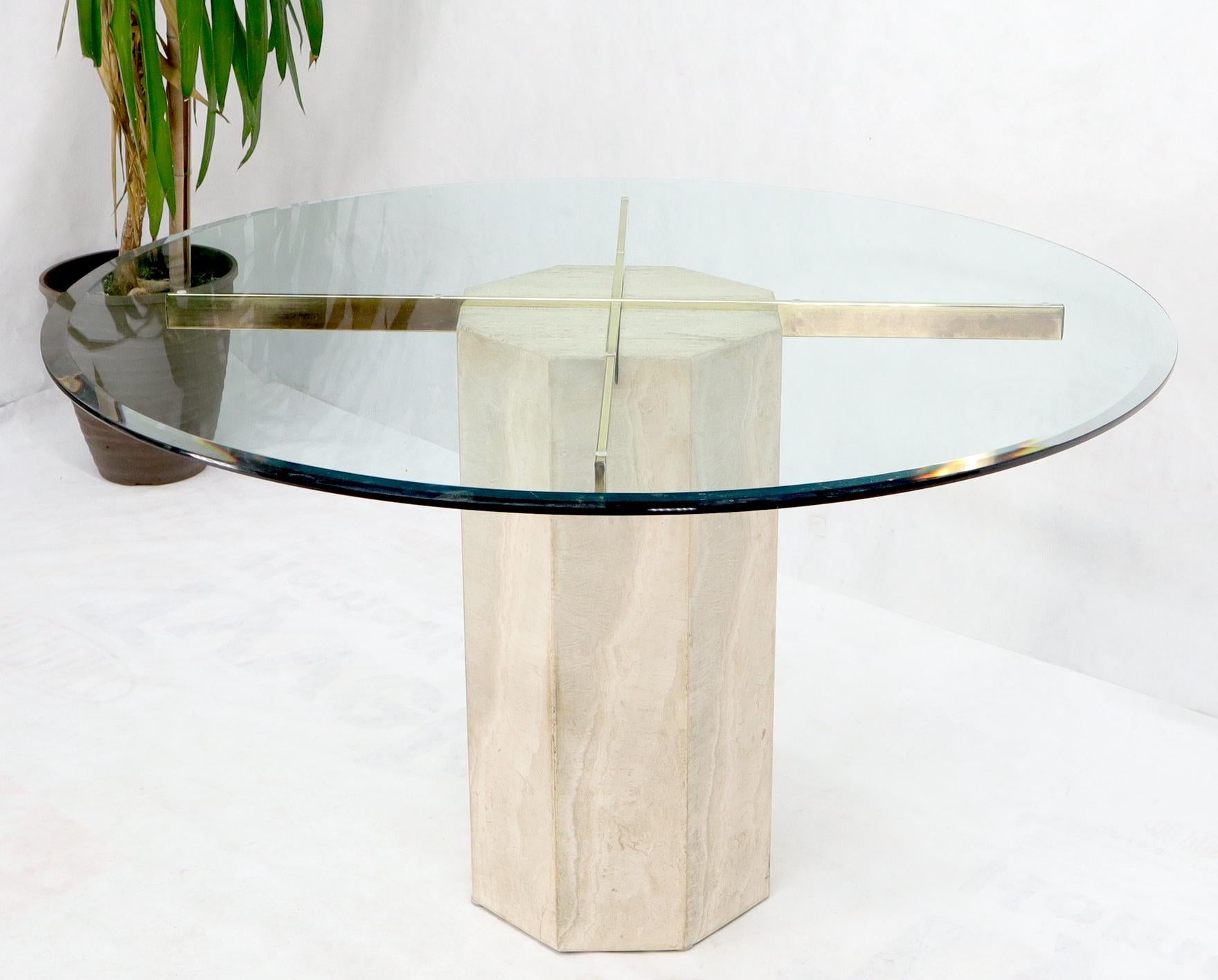 Travertine marble pedestal base glass top Italian dining dinette game table.