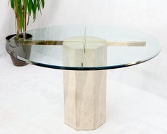Single Travertine & Brass Pedestal Base Round Glass Top Dining Dinette Table