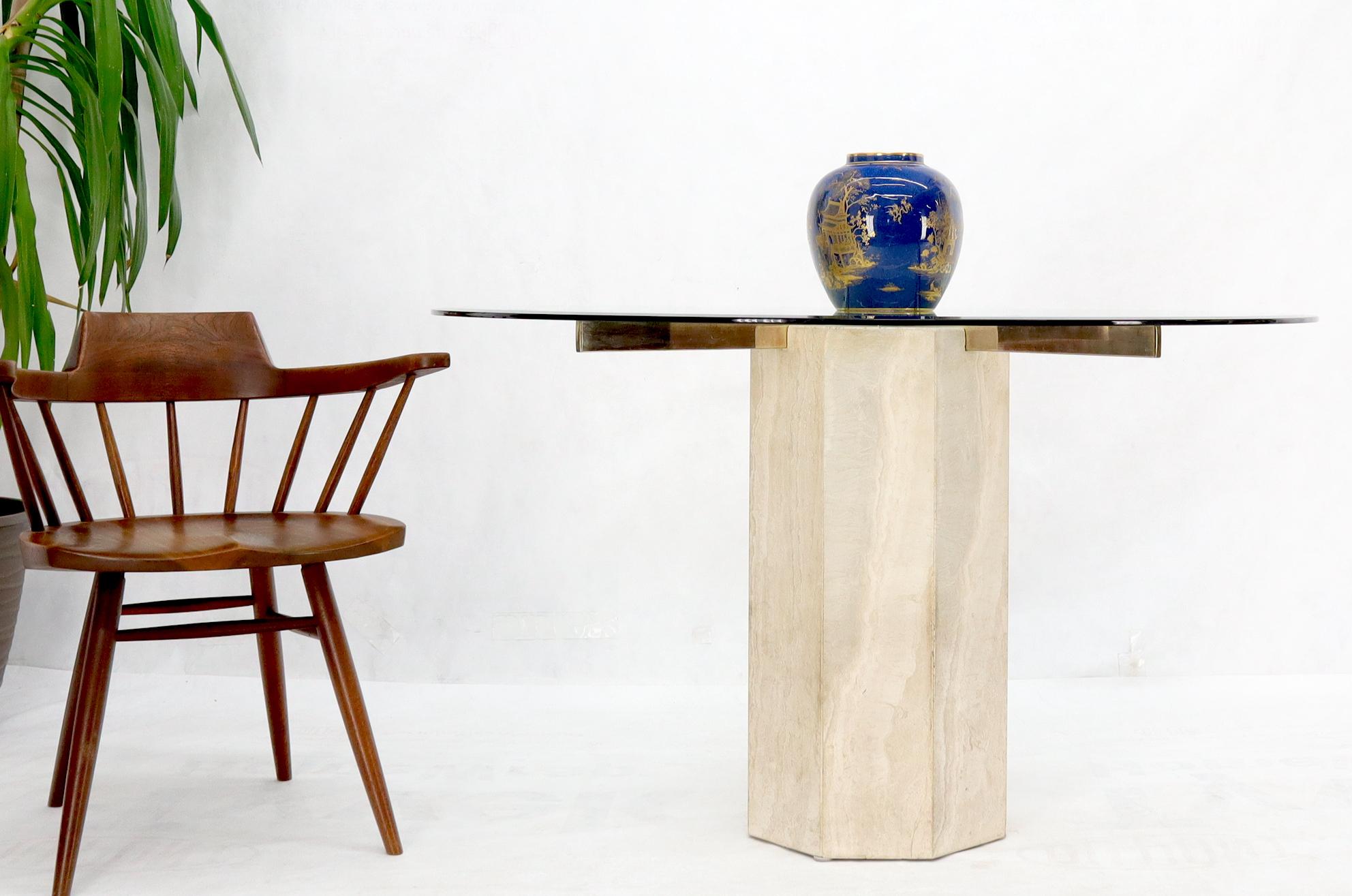 Mid-Century Modern Single Travertine & Brass Pedestal Base Round Glass Top Dining Dinette Table