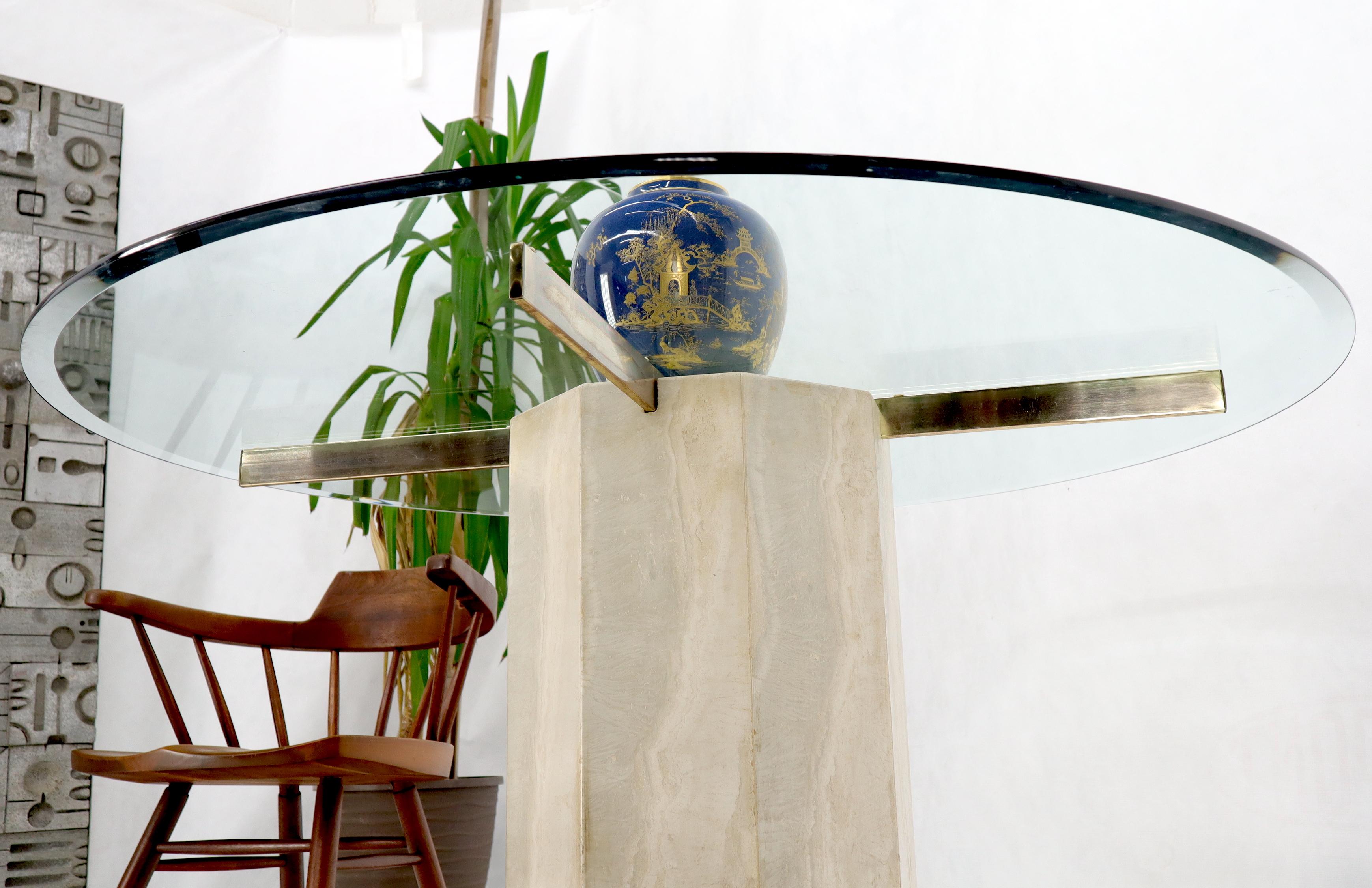 20th Century Single Travertine & Brass Pedestal Base Round Glass Top Dining Dinette Table