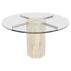 Single Travertine & Brass Pedestal Base Round Glass Top Dining Dinette Table