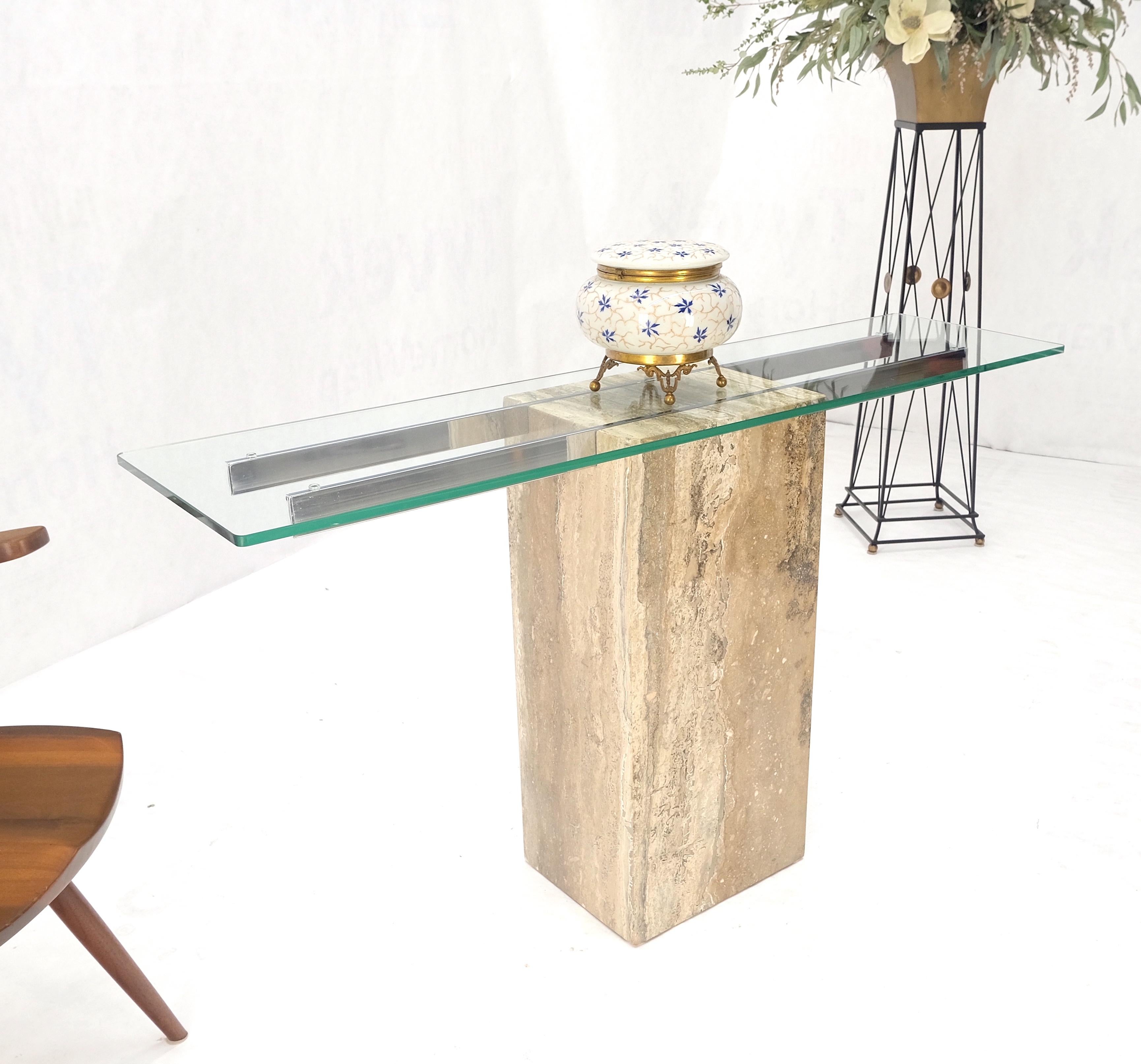 Single Travertine  Pedestal Glass Top Italian Modern Sofa Console Table MINT! For Sale 5