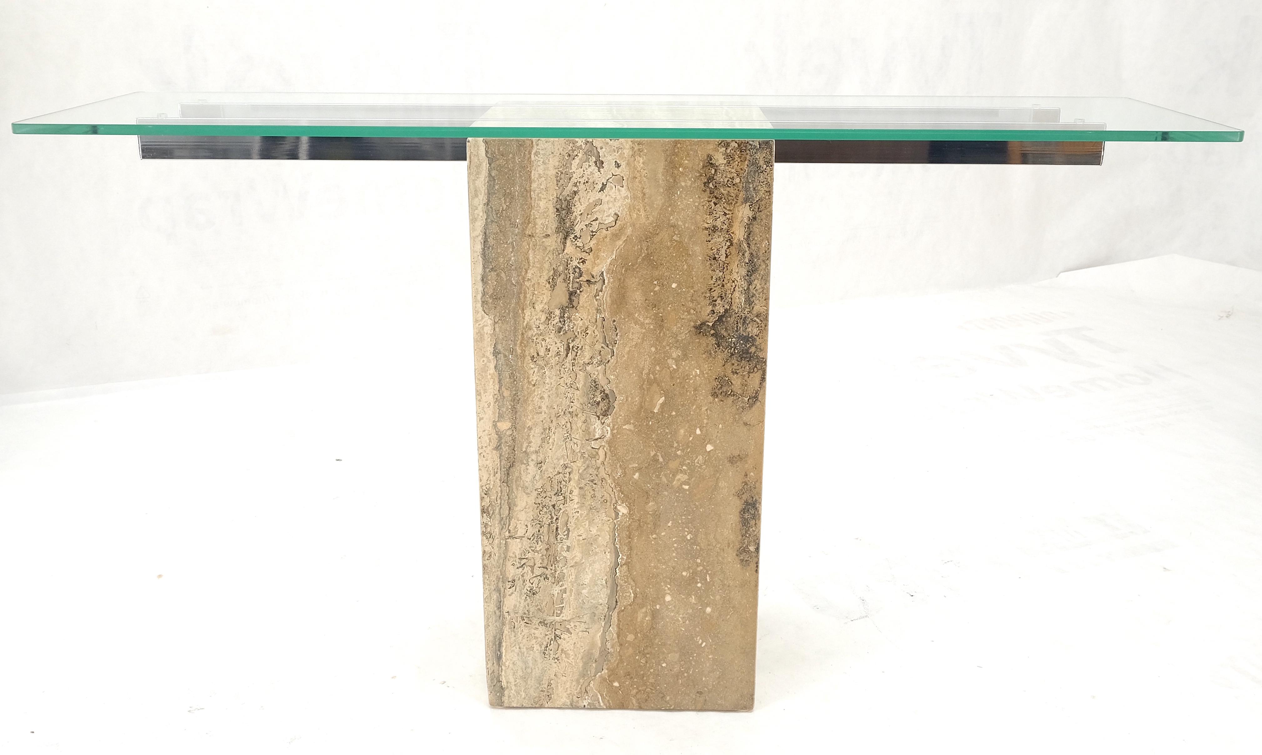 20th Century Single Travertine  Pedestal Glass Top Italian Modern Sofa Console Table MINT! For Sale