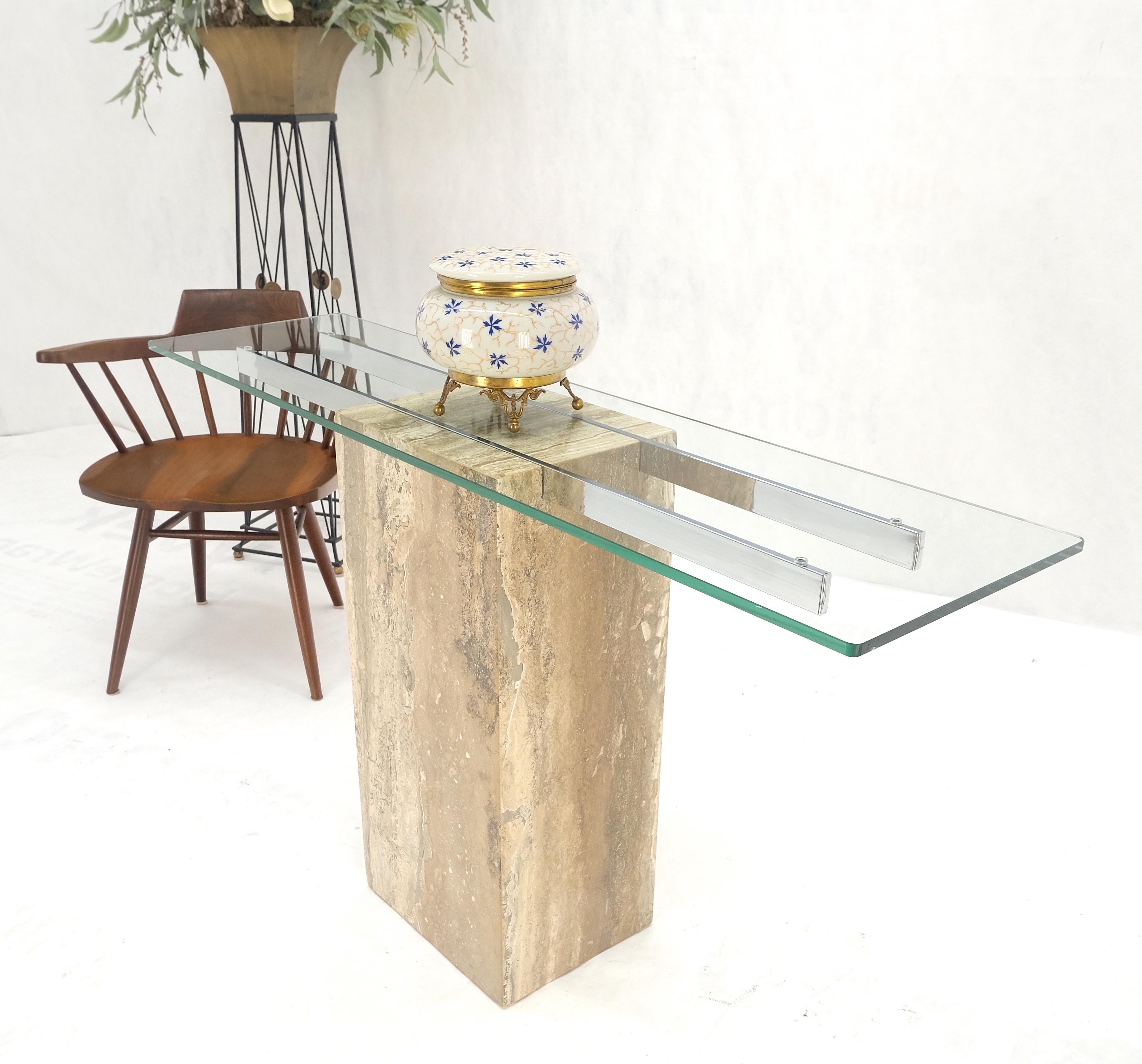 Single Travertine  Pedestal Glass Top Italian Modern Sofa Console Table MINT! For Sale 2