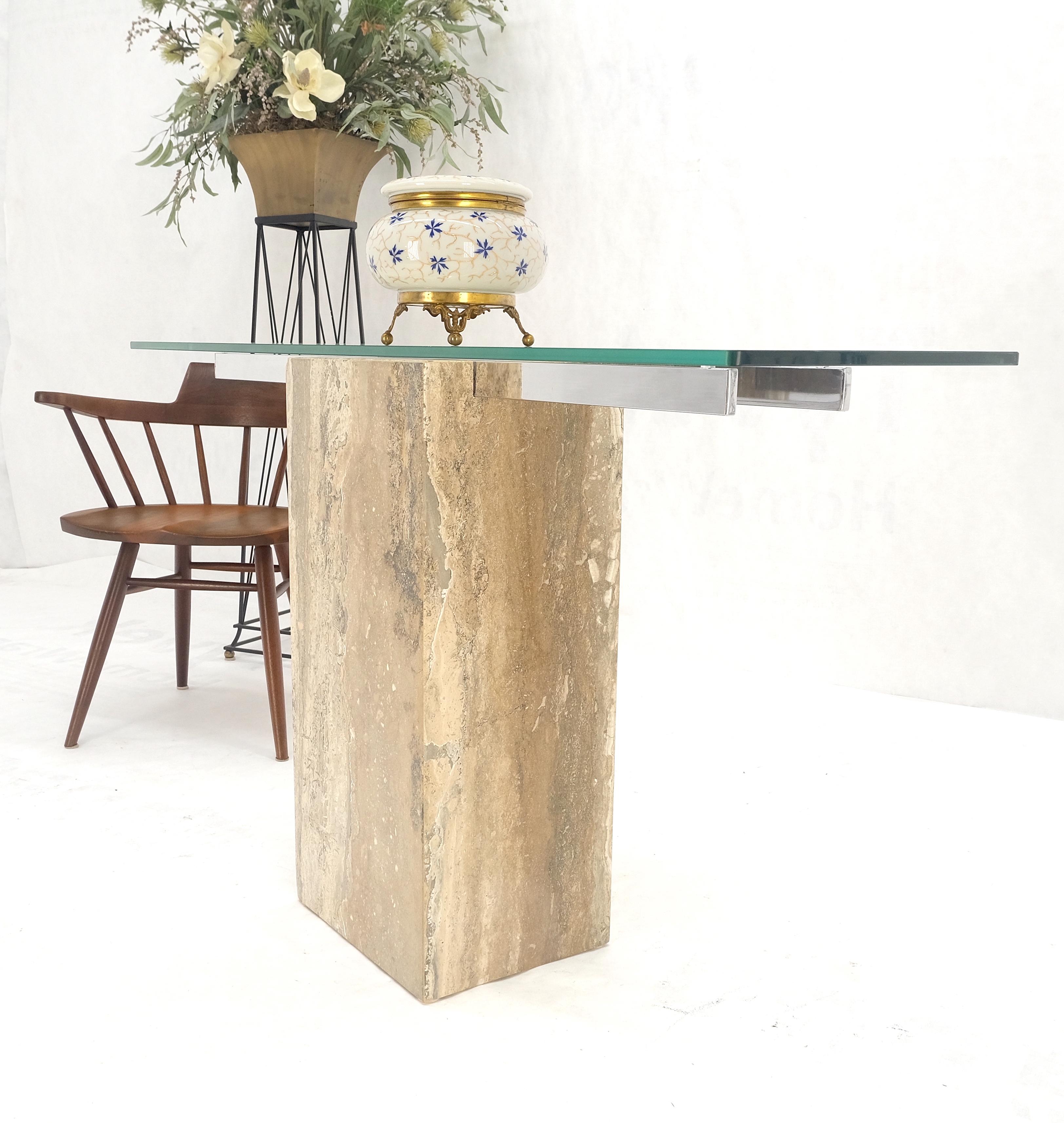 Single Travertine  Pedestal Glass Top Italian Modern Sofa Console Table MINT! For Sale 4