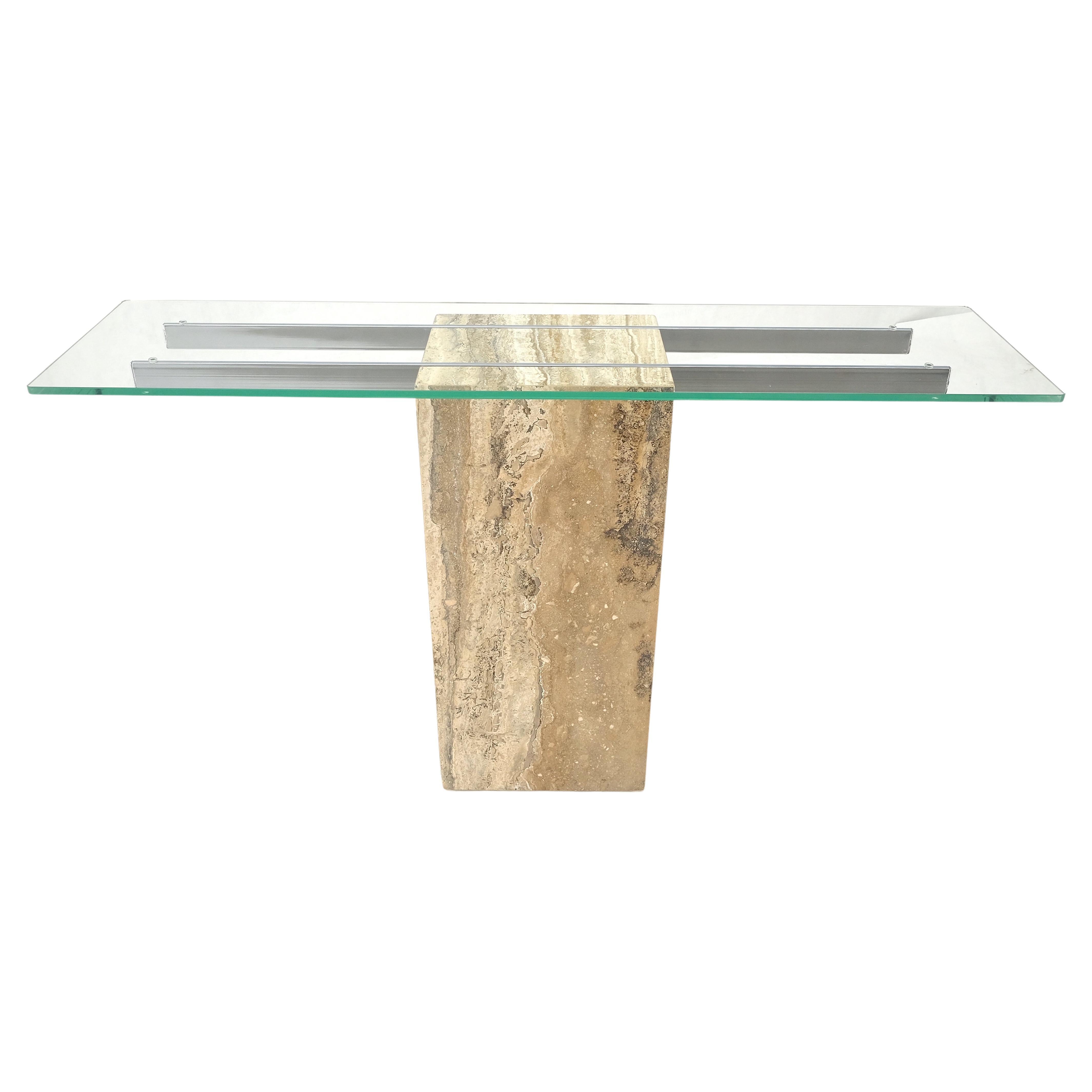 Single Travertine  Pedestal Glass Top Italian Modern Sofa Console Table MINT! For Sale