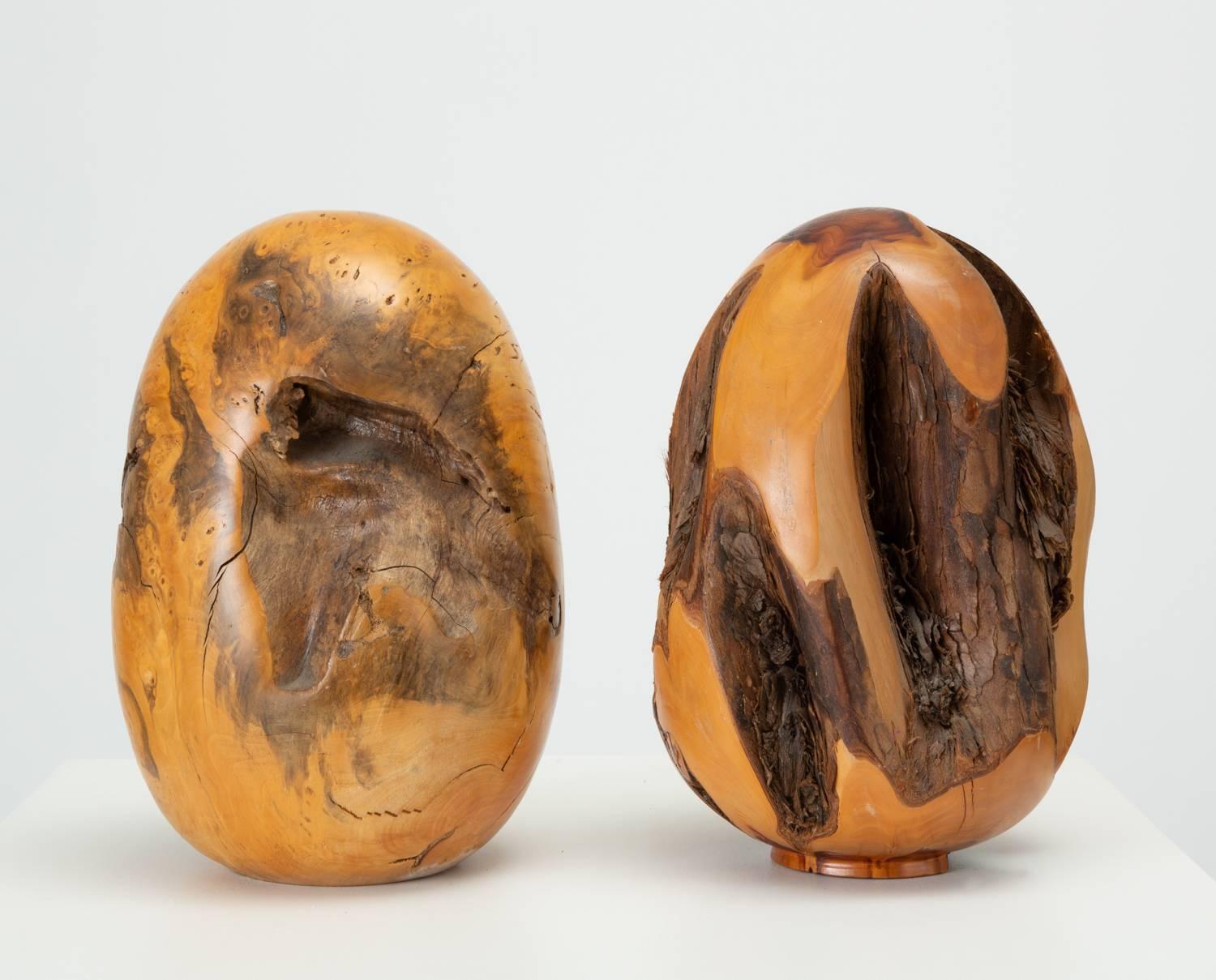 A Sebastopol, CA-based woodworker and tree nursery proprietor, Chuck McLaughlin specialized in turned wood bowls, vases, and objects d’art. Two examples are available, each with an egg shape that celebrates the natural textures and irregularities of