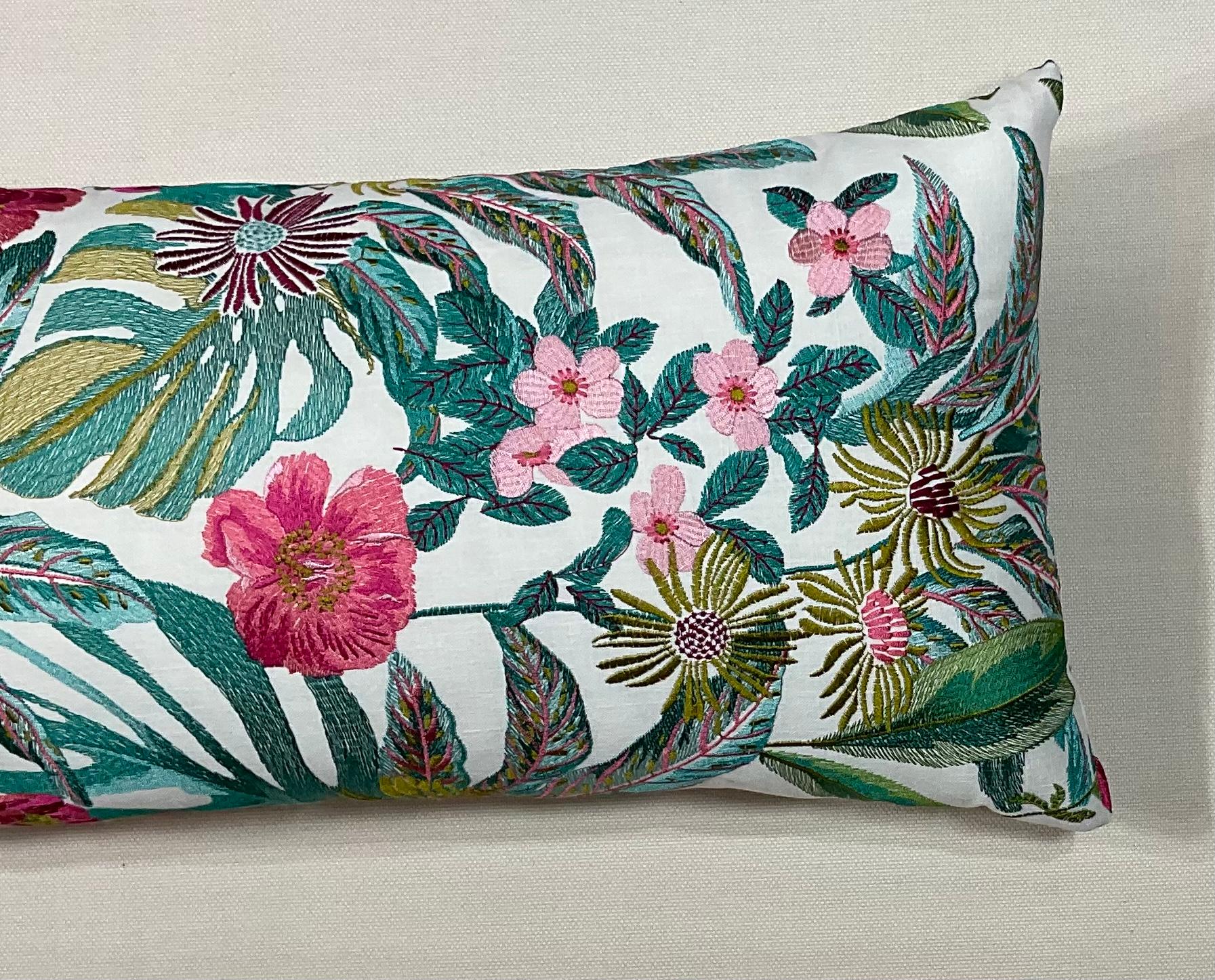 Beautiful pillow made of quality cotton with exceptional machine embroidery of vibrant tropical motif on two side sides of the pillow. Quality new insert.