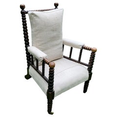 Single Upholstered Vintage Linen Bobbin Chair, England, 19th Century