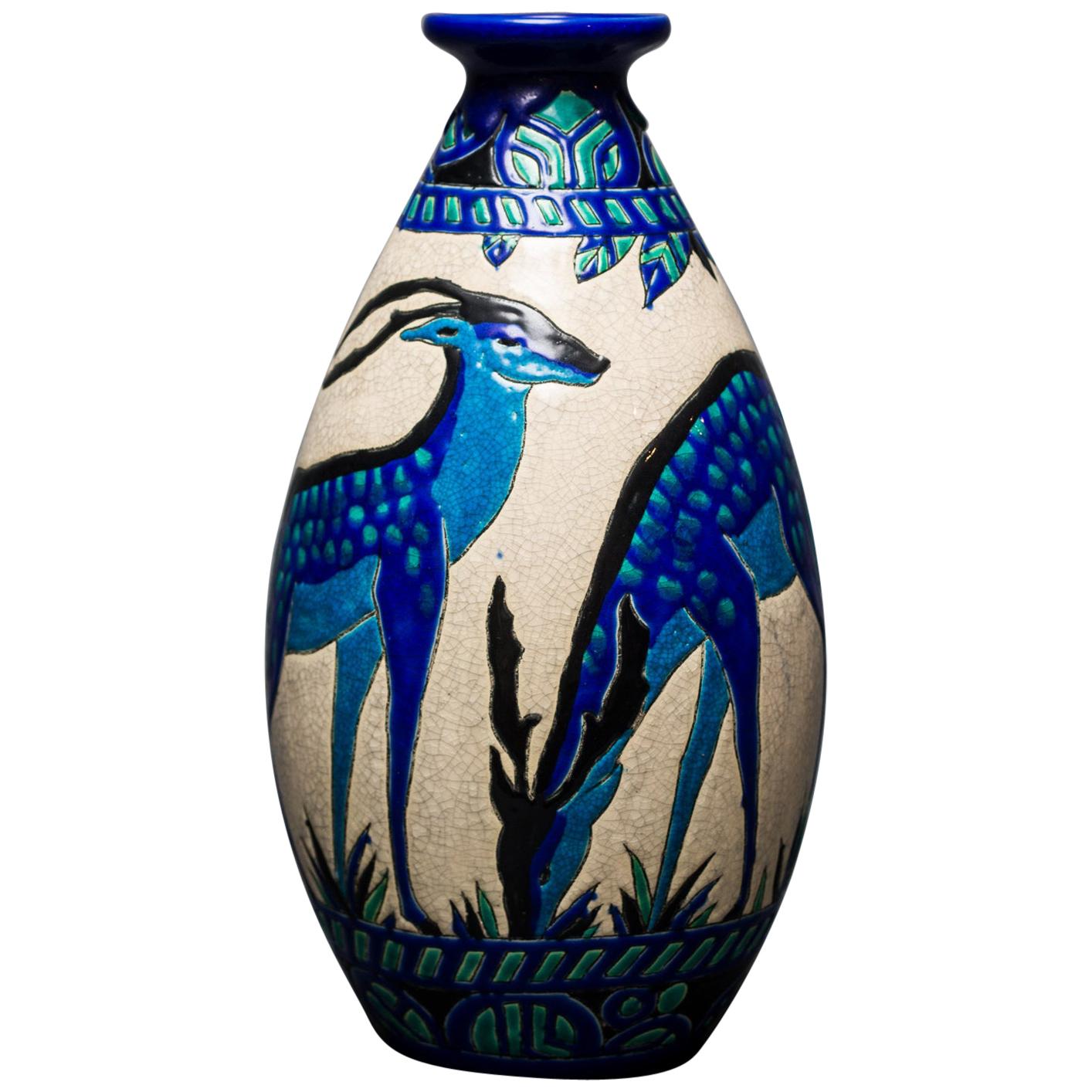 Single Vase with Deer, Designed by Charles Catteau at Boch Frères Keramis