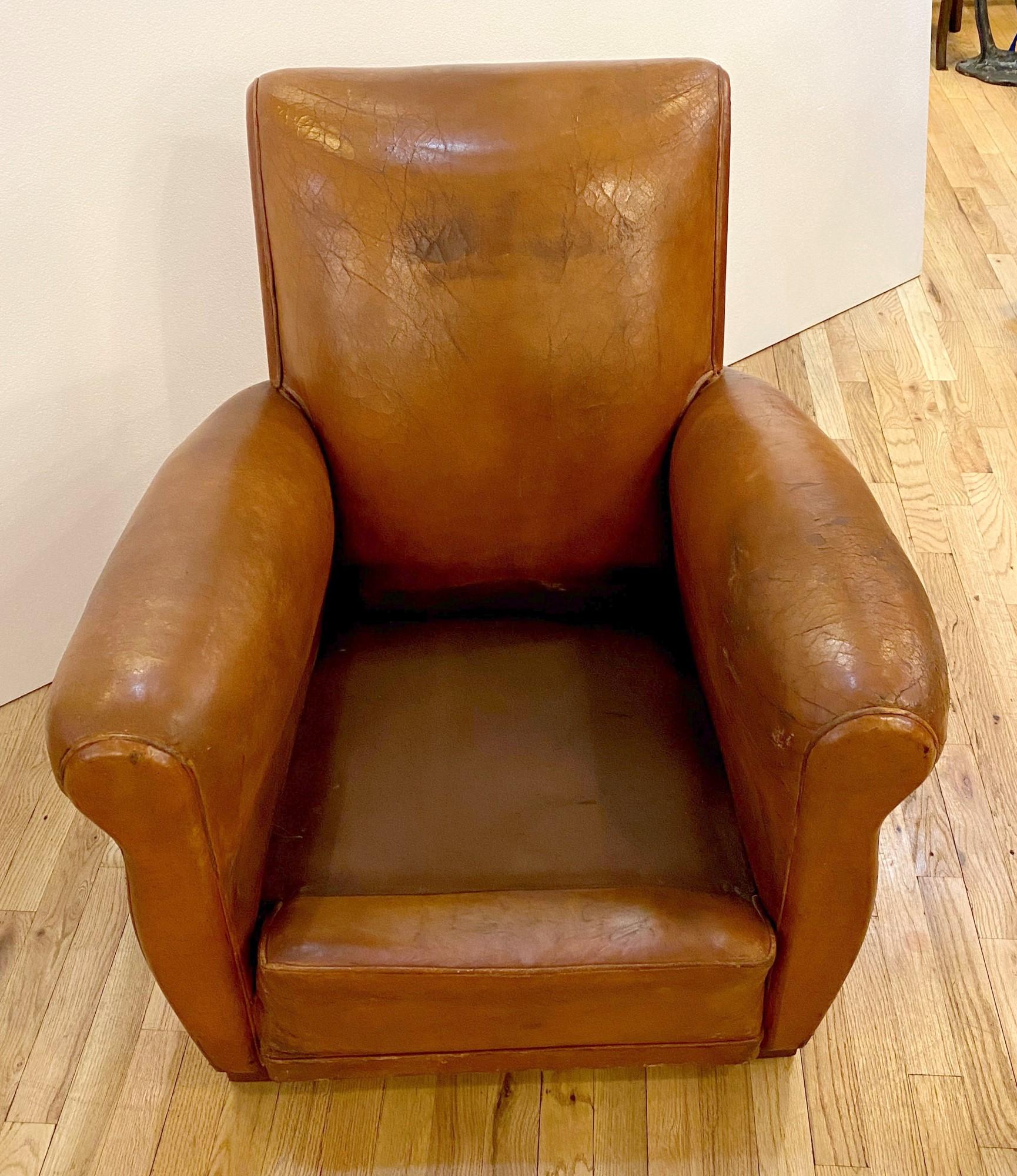 Single Vintage Art Deco French Brown Leather Club Chair 6