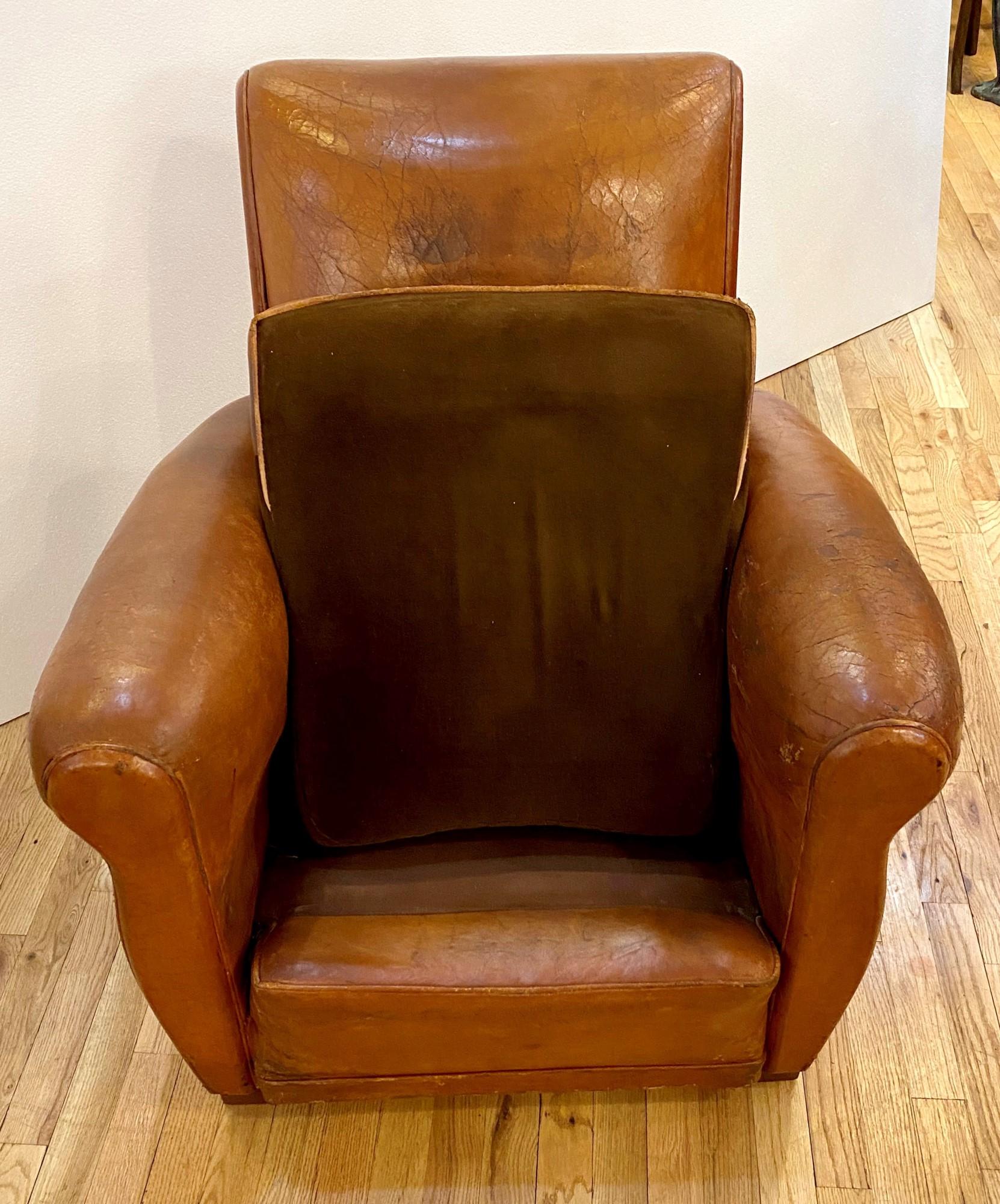 Single Vintage Art Deco French Brown Leather Club Chair 7