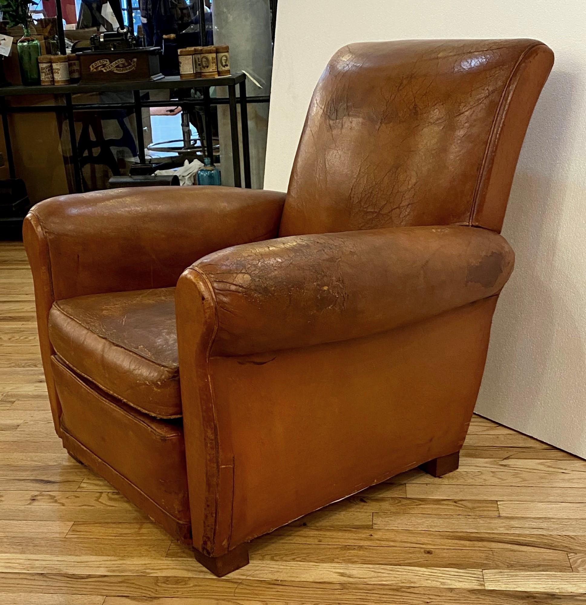 Mid-20th Century Single Vintage Art Deco French Brown Leather Club Chair