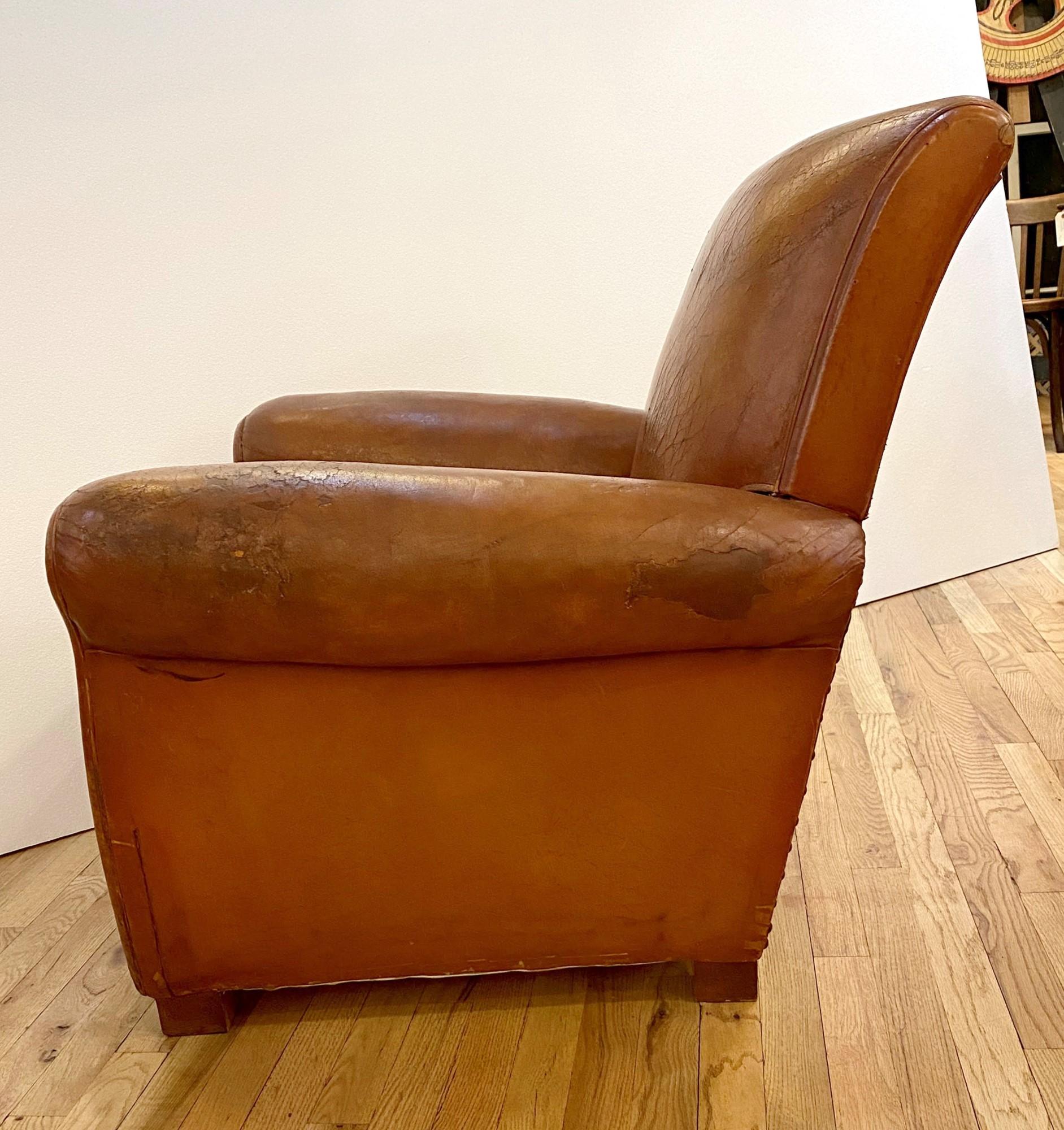 Single Vintage Art Deco French Brown Leather Club Chair 1