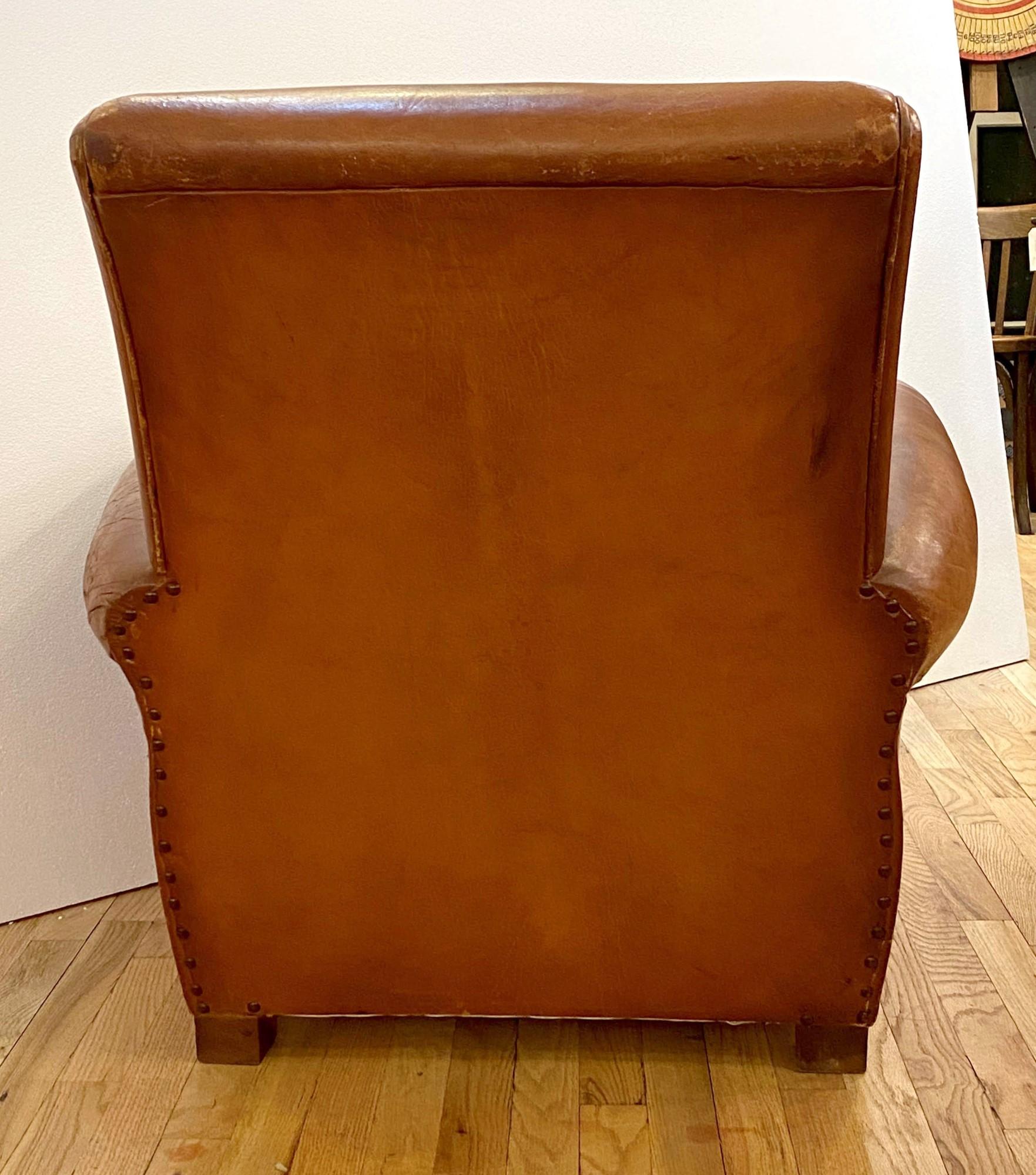 Single Vintage Art Deco French Brown Leather Club Chair 2