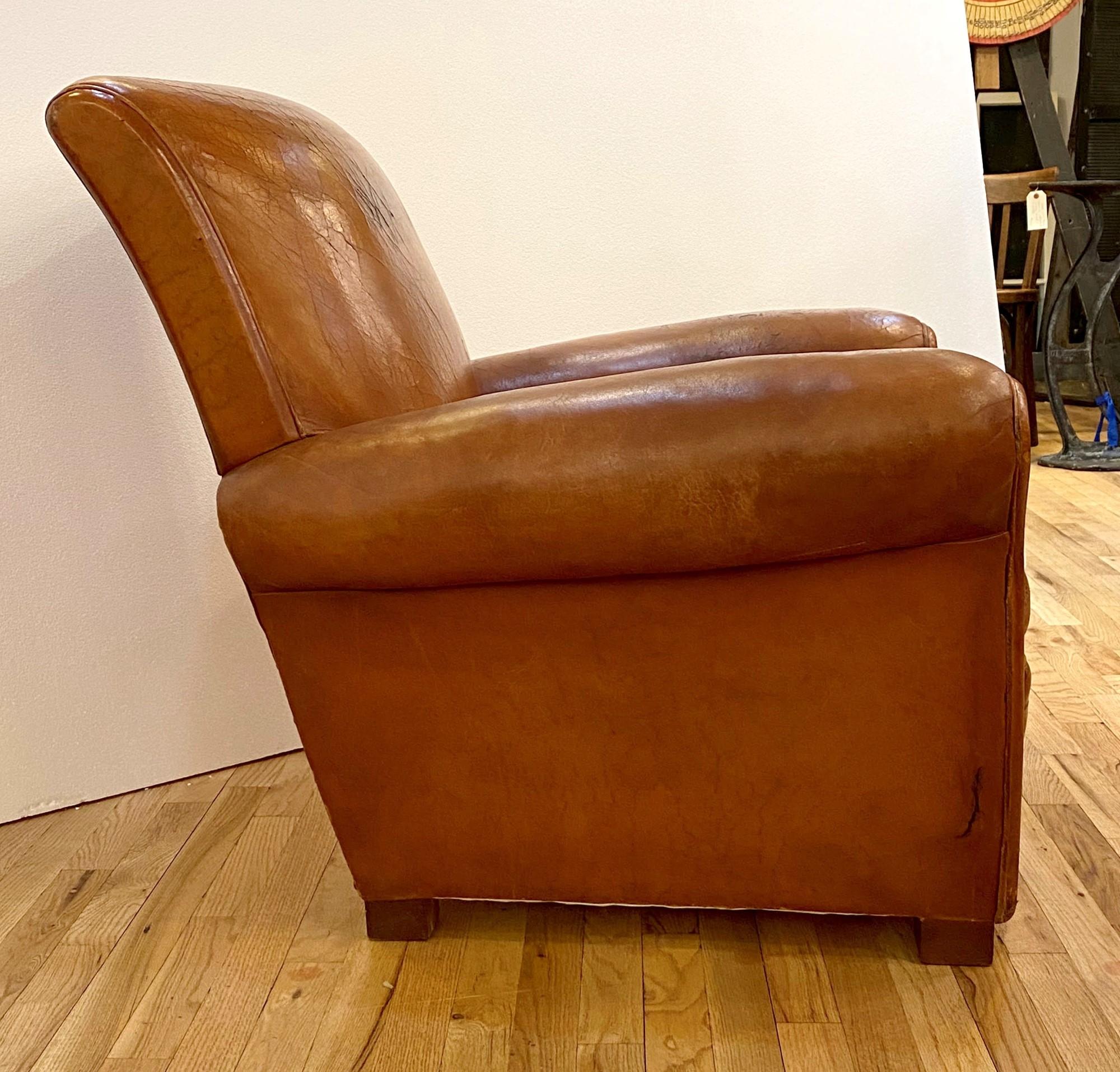 Single Vintage Art Deco French Brown Leather Club Chair 3