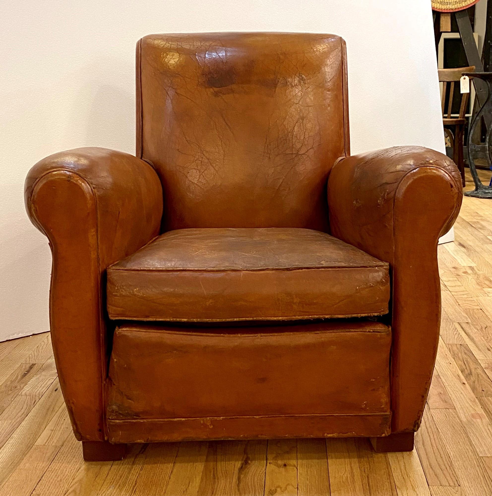 Single Vintage Art Deco French Brown Leather Club Chair 4