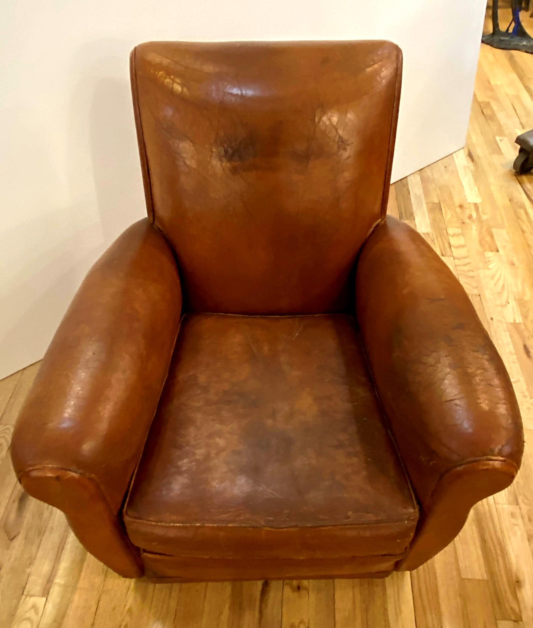 Single Vintage Art Deco French Brown Leather Club Chair 5