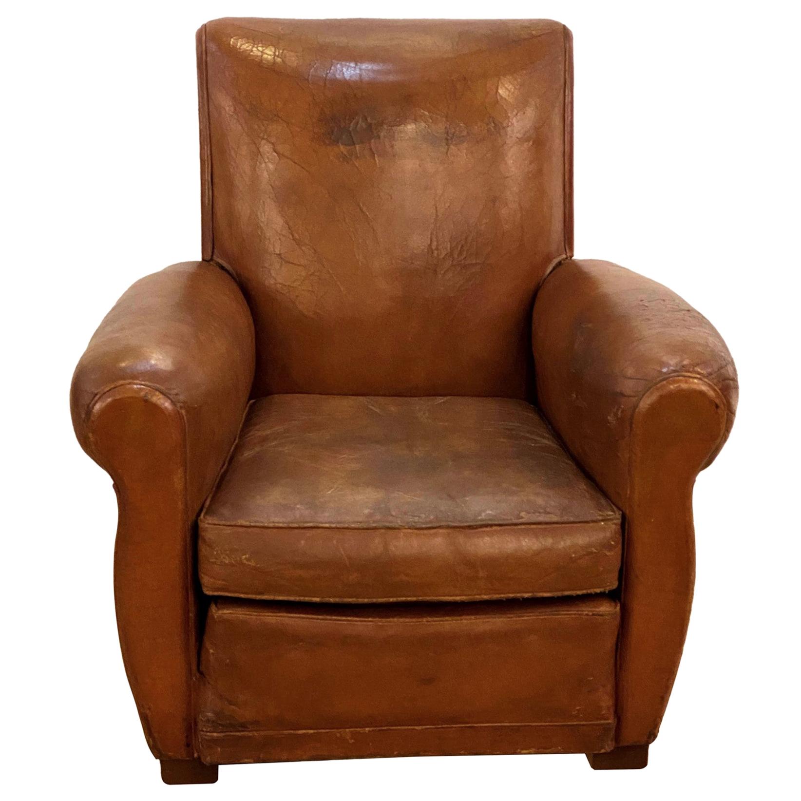 Single Vintage Art Deco French Brown Leather Club Chair