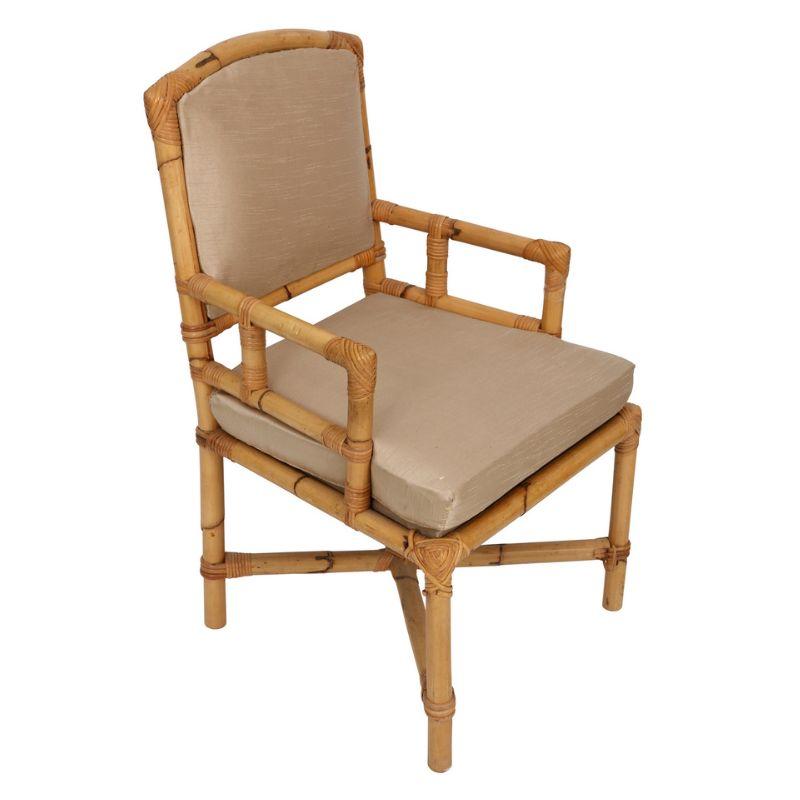 Unknown Single Vintage Bamboo Armchair with Newly Upholstered Beige Raw Silk Cushion and For Sale