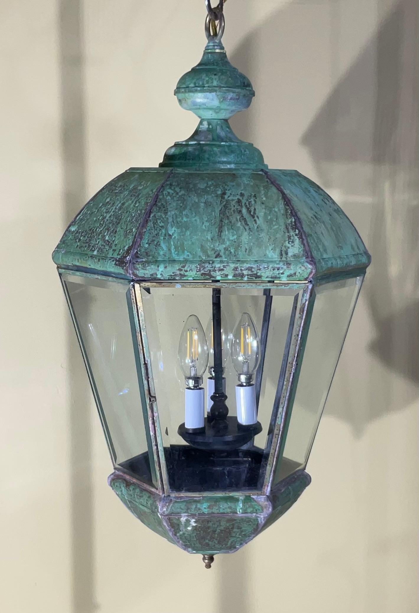 Hand-Crafted Single Vintage Brass Hanging Lantern 26” x 14” For Sale