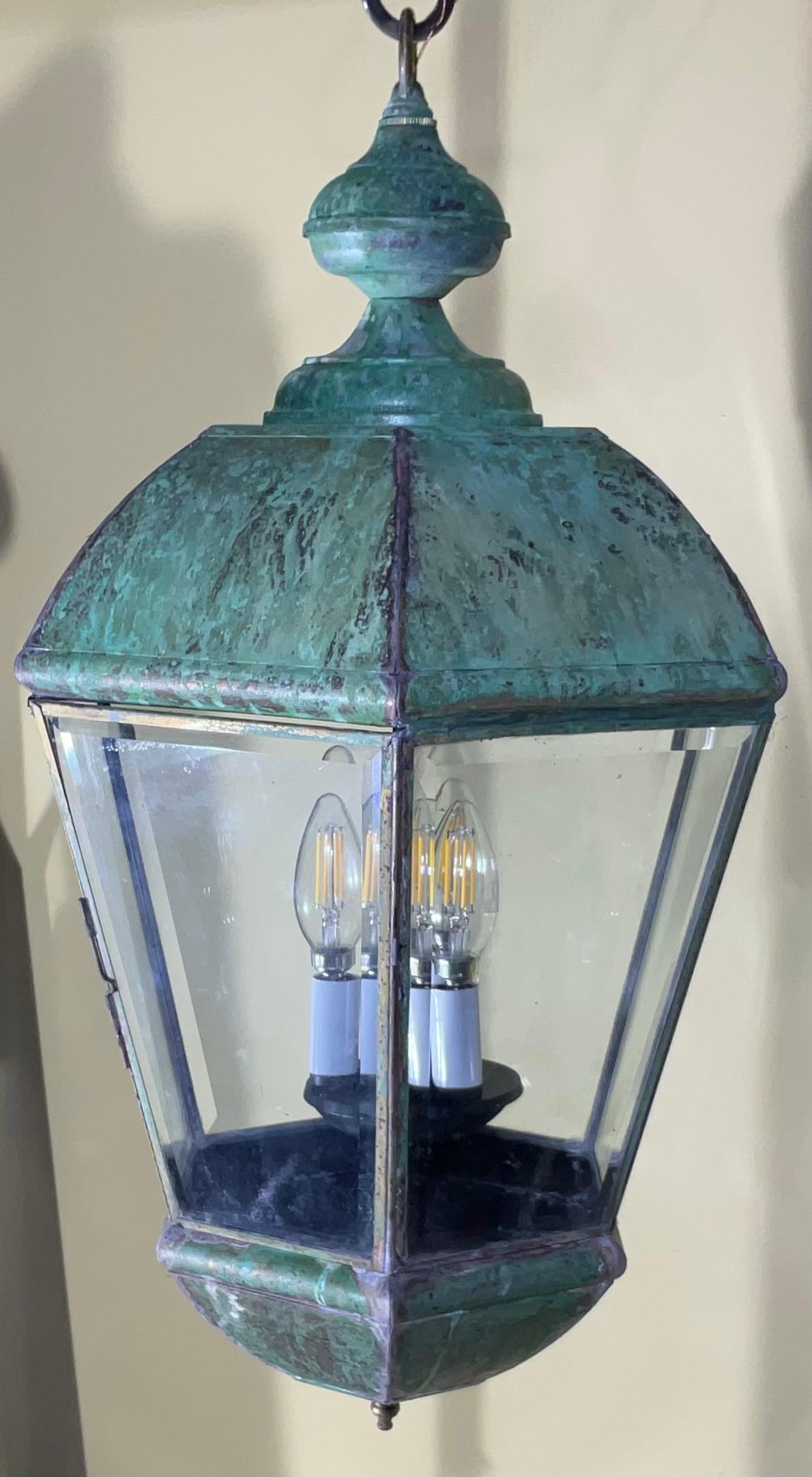 Single Vintage Brass Hanging Lantern 26” x 14” In Good Condition For Sale In Delray Beach, FL