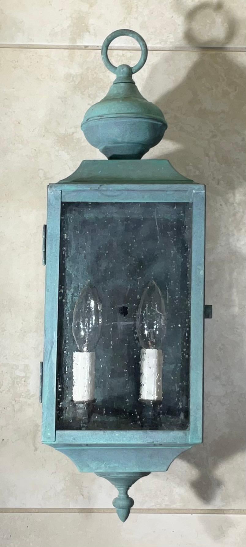 Hand-Crafted Single Vintage Brass Wall  Hanging Lantern  6”w x 7”d x 19”.5 high For Sale
