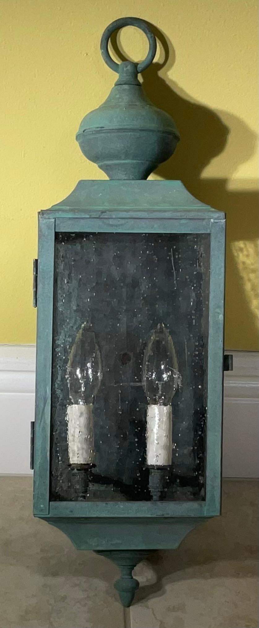 Single Vintage Brass Wall  Hanging Lantern  6”w x 7”d x 19”.5 high In Good Condition For Sale In Delray Beach, FL