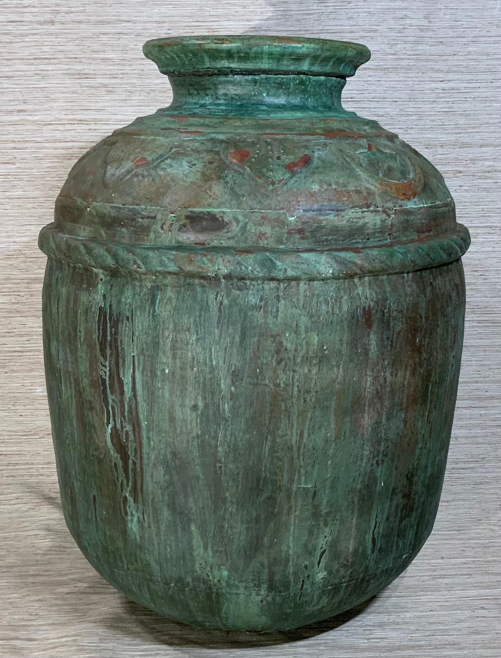 Single vase hand forged from solid copper, decorated around the rim with star and moon motifs, oxidized green patina. Solid vase, few minor dent. Great architectural piece for indoor or outdoor will not rust.
Opening is 7”.