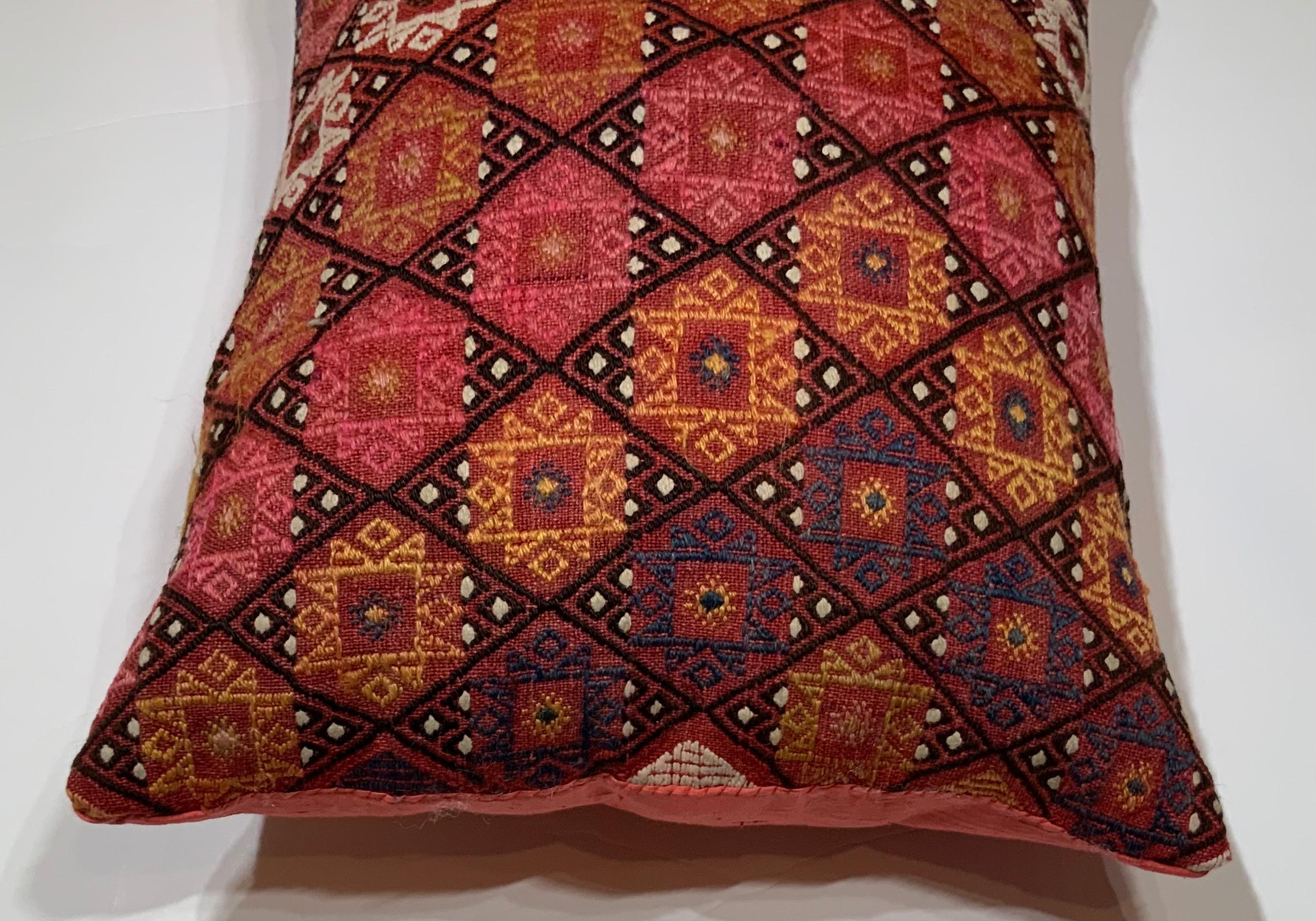 Beautiful pillow made of hand embroidery with exceptional happy colors of geometric repeated motifs. Quality silk backing, fresh new insert.