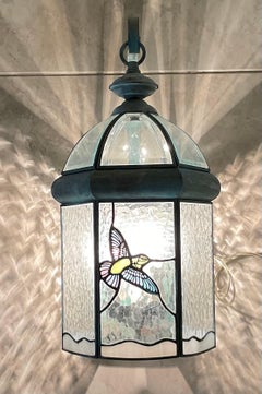 Handcrafted Brass Wall Lantern with Glass Bird Motif, Vintage, USA