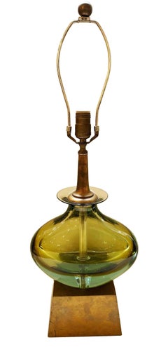 Single Vintage Italian Abisinthe Green Murano Glass Lamp w/ Silk Shade by Seguso