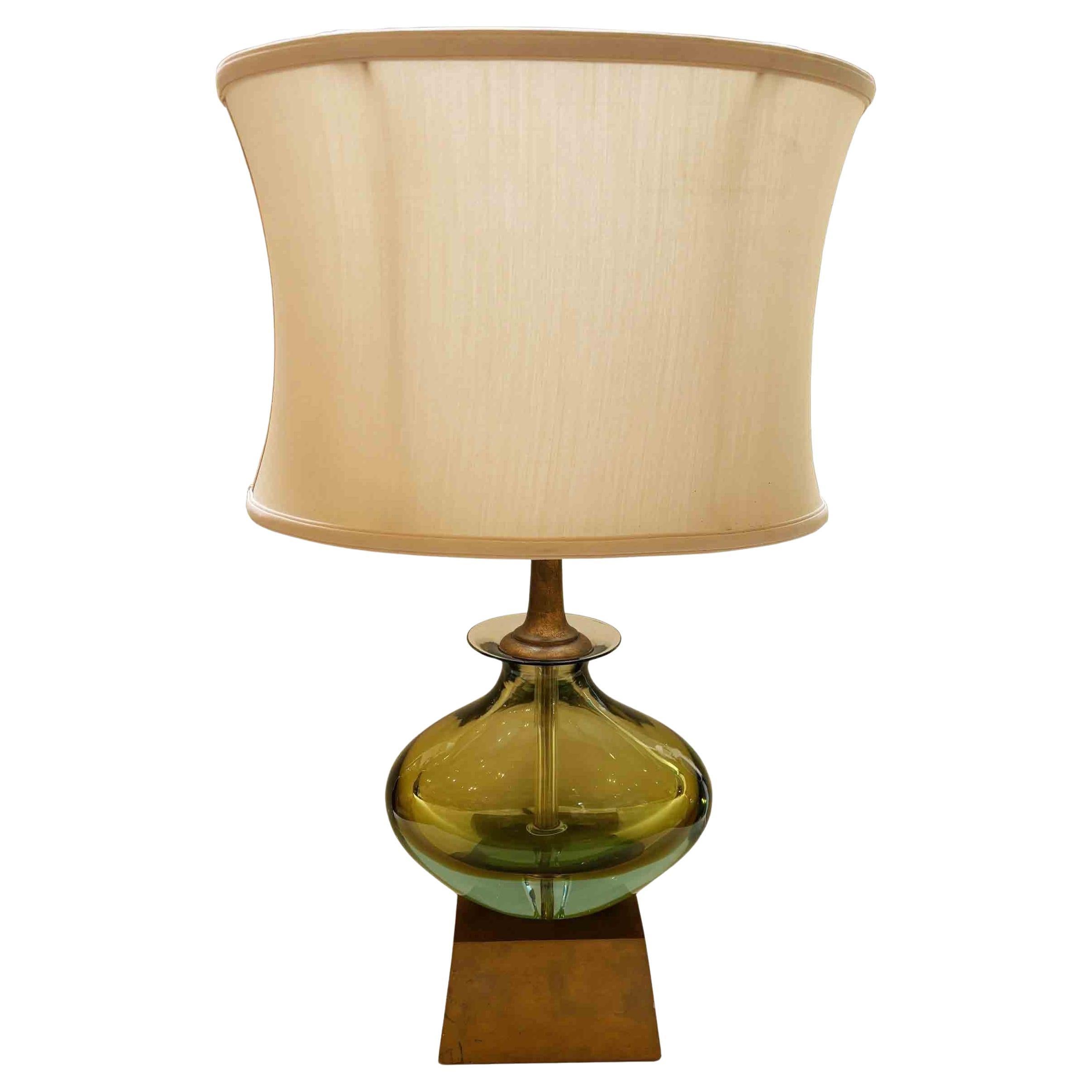 Single Vintage Italian Abisinthe Green Murano Glass Lamp w/ Silk Shade by Seguso