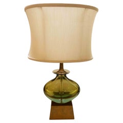 Single Vintage Italian Abisinthe Green Murano Glass Lamp w/ Silk Shade by Seguso