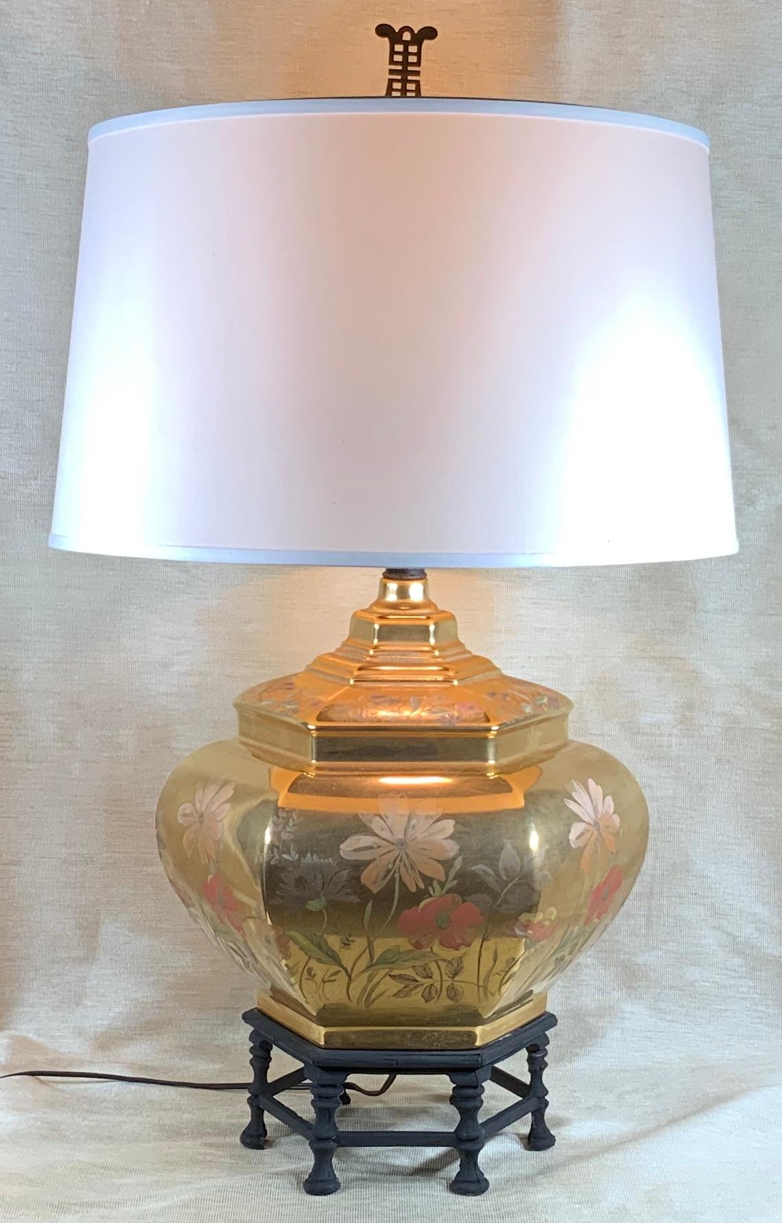 Exceptional table lamp made of gold color porcelain hand painted with floral and vines motifs, mounted on a custom made decorative cars metal. Beautiful object of art for display.
Shade is not included.
The size without the shade from the bottom