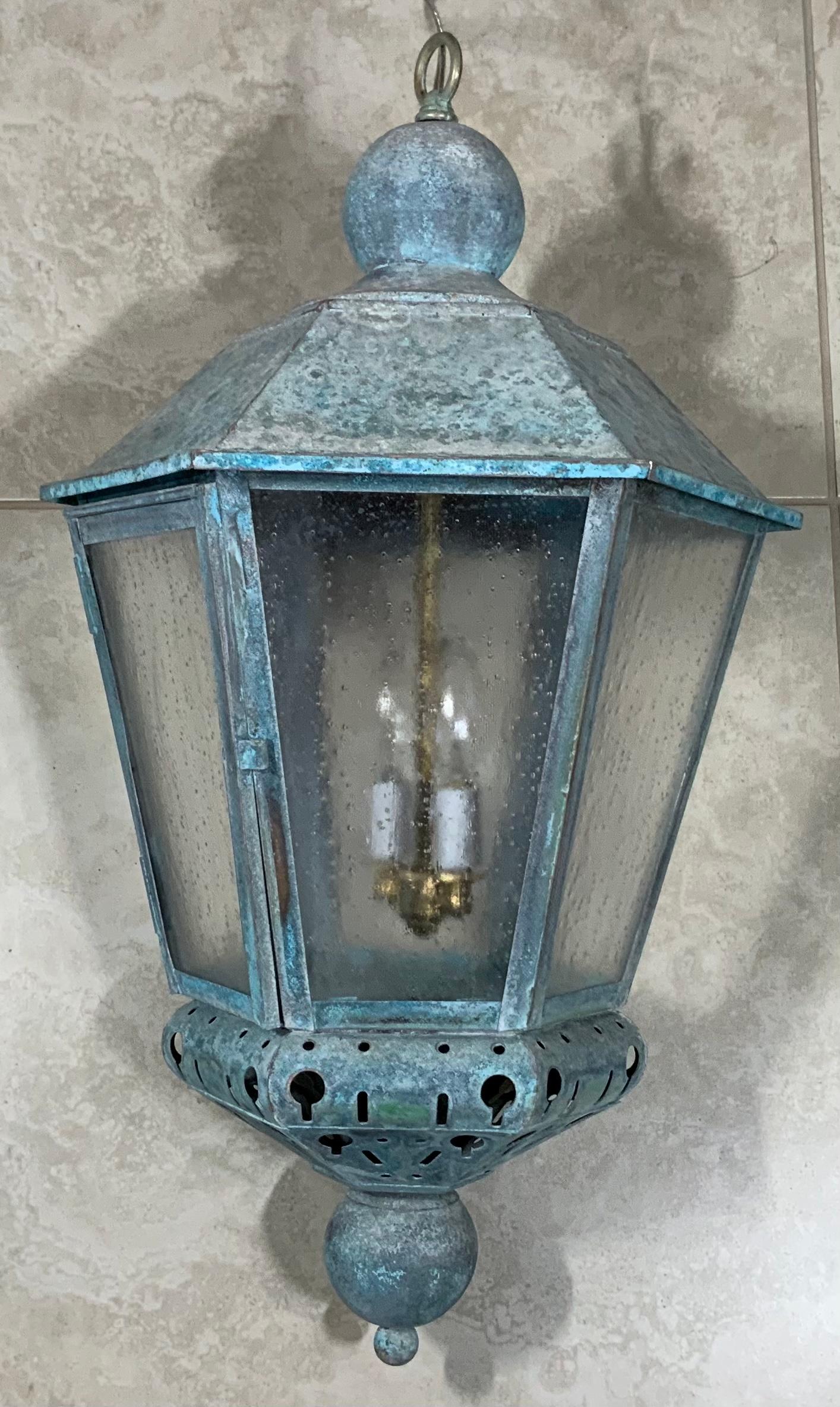Single Vintage Six Sides Brass and Copper Hanging Lantern For Sale 4