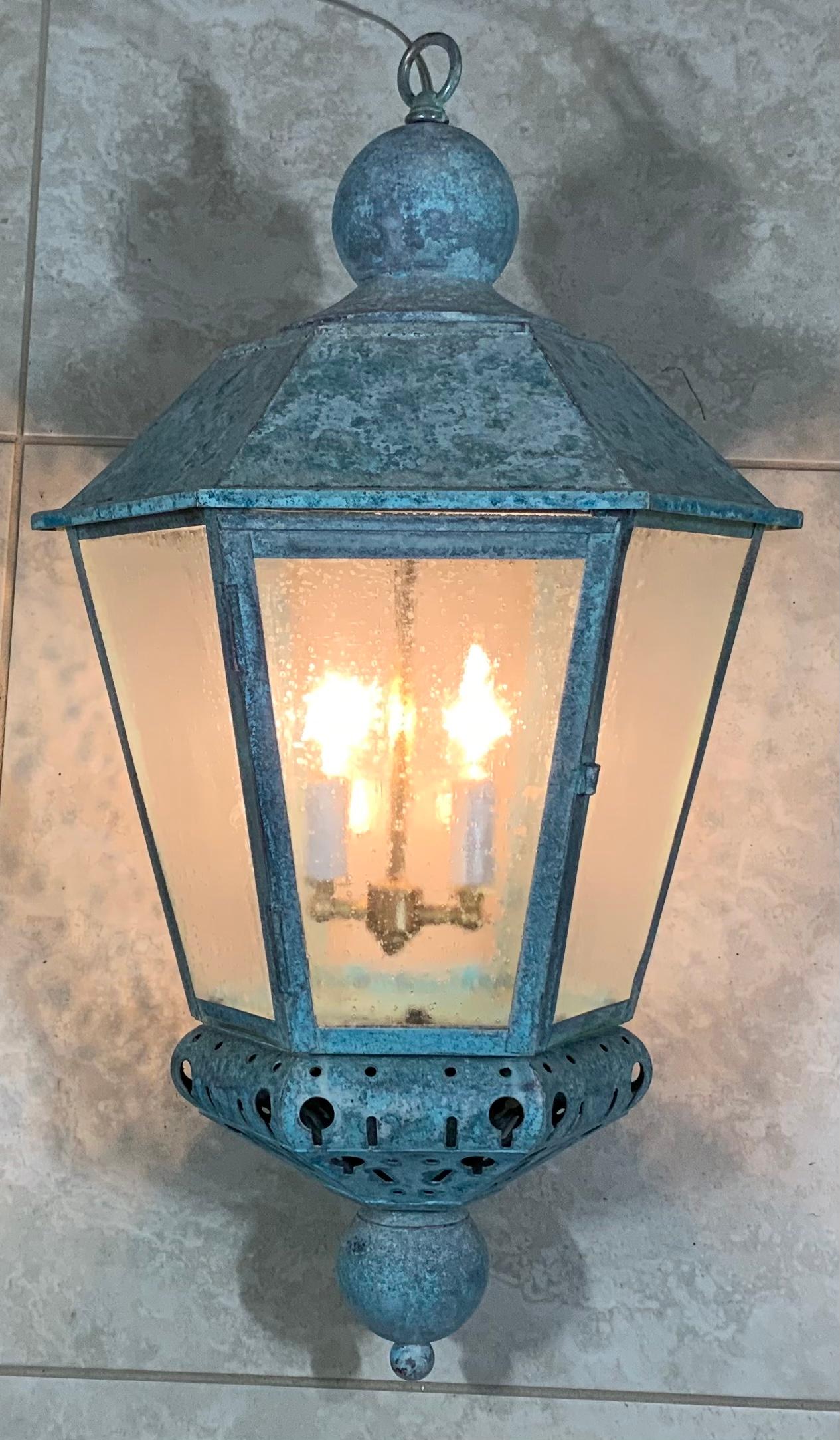 Artistically made vintage hand crafted solid brass and copper lantern with two 60/watt light , seeded acrylic glass like at all sides, with beautiful original weathered turquoise-green patina. Originally was converted from wall lantern to hanging