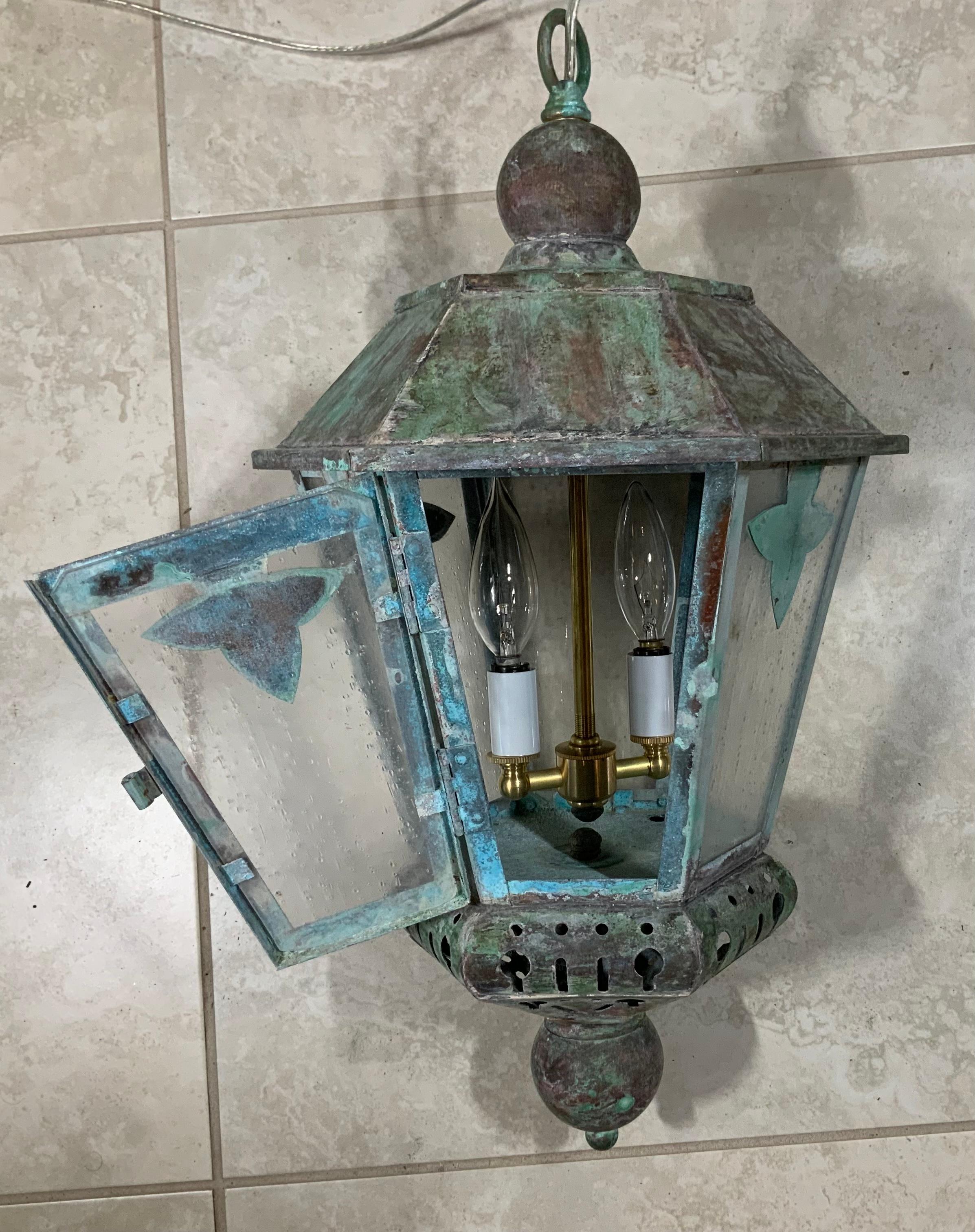 American Single Vintage Six Sides Brass and Copper Hanging Lantern For Sale