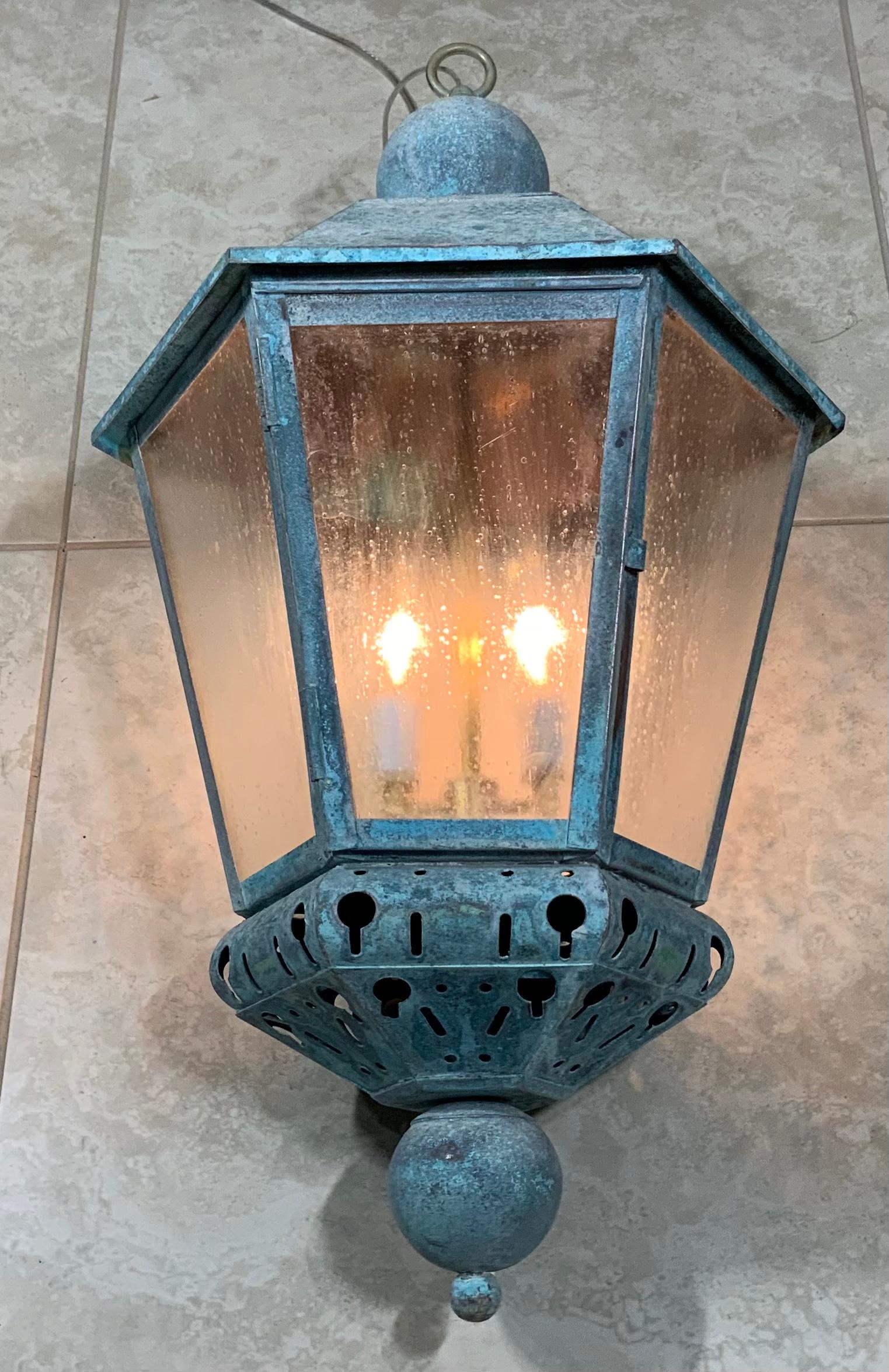 American Single Vintage Six Sides Brass and Copper Hanging Lantern For Sale