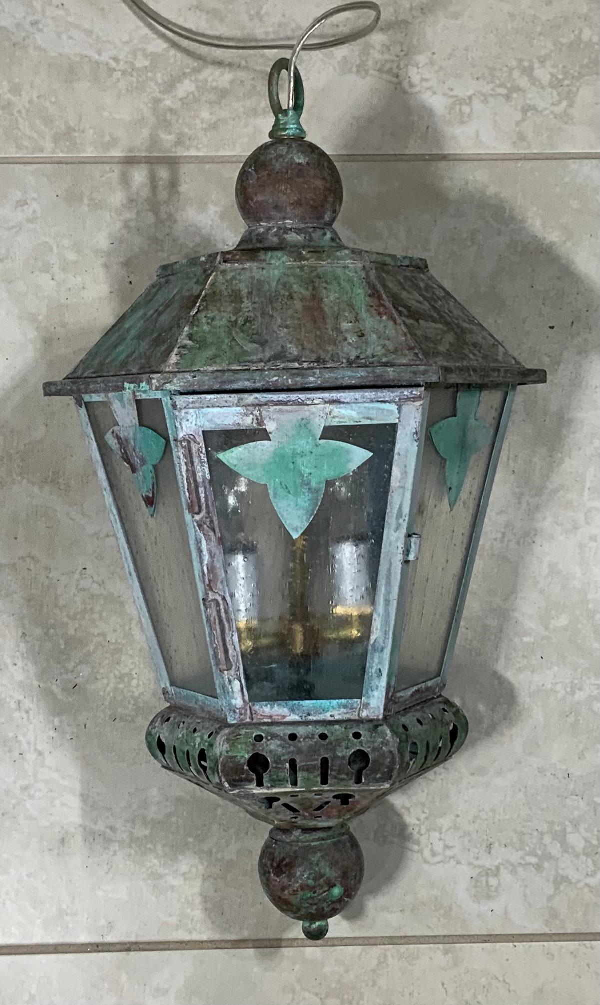 Hand-Crafted Single Vintage Six Sides Brass and Copper Hanging Lantern For Sale