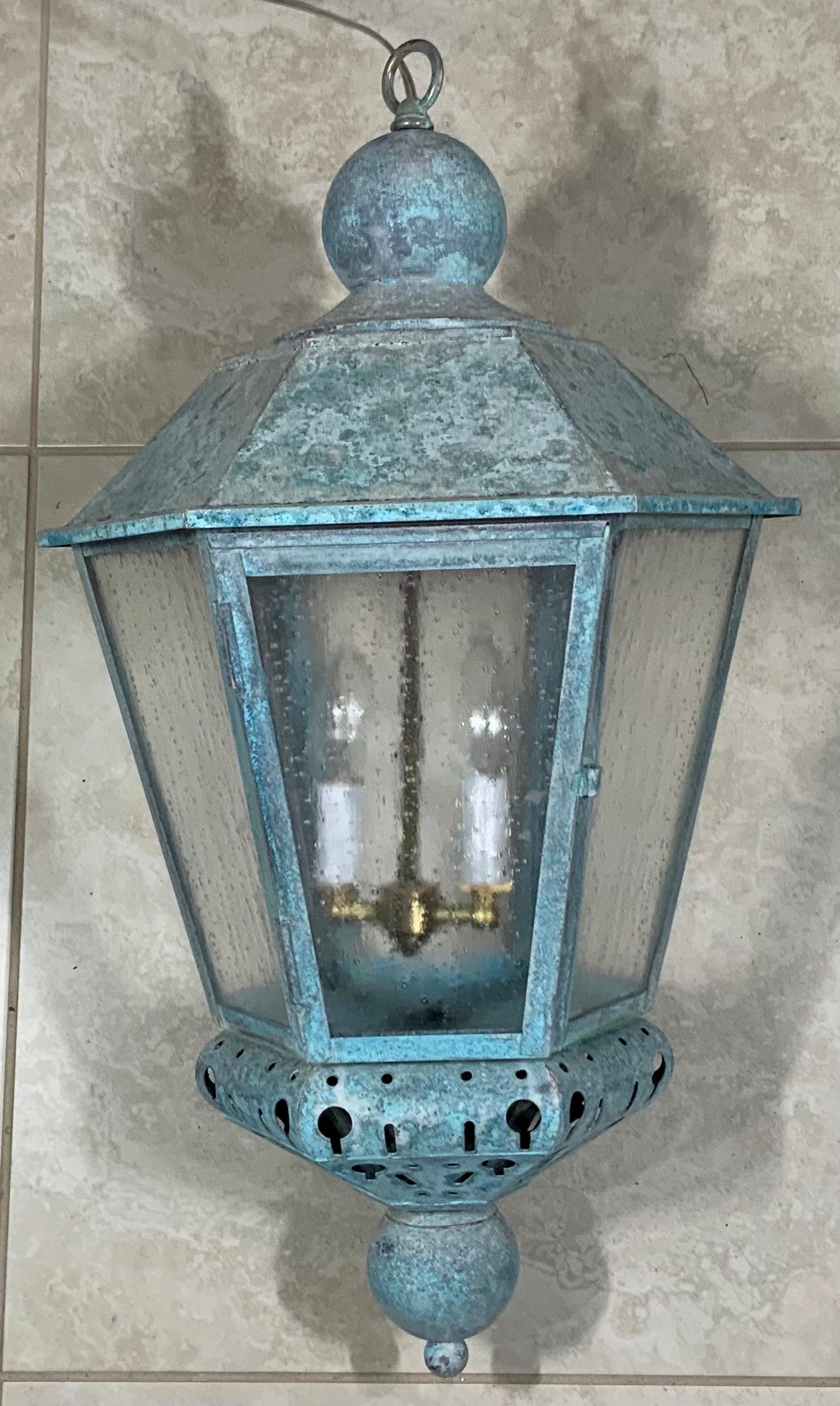 Hand-Crafted Single Vintage Six Sides Brass and Copper Hanging Lantern For Sale