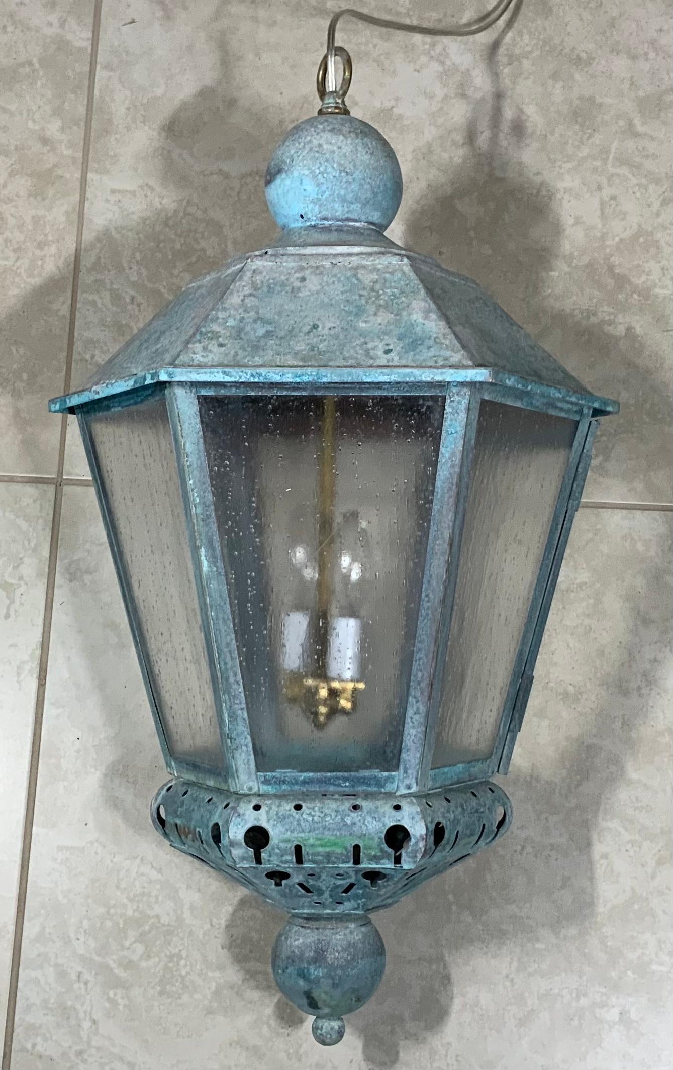 Single Vintage Six Sides Brass and Copper Hanging Lantern For Sale 1
