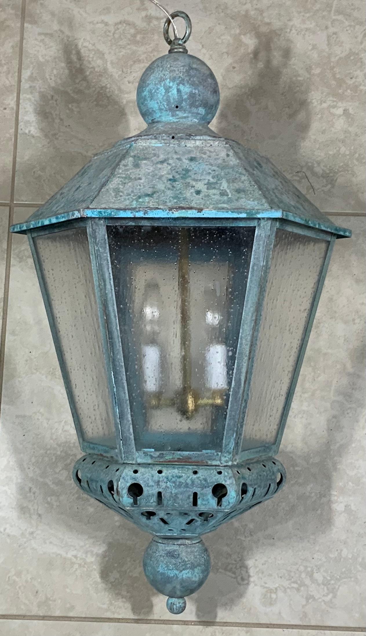 Single Vintage Six Sides Brass and Copper Hanging Lantern For Sale 1