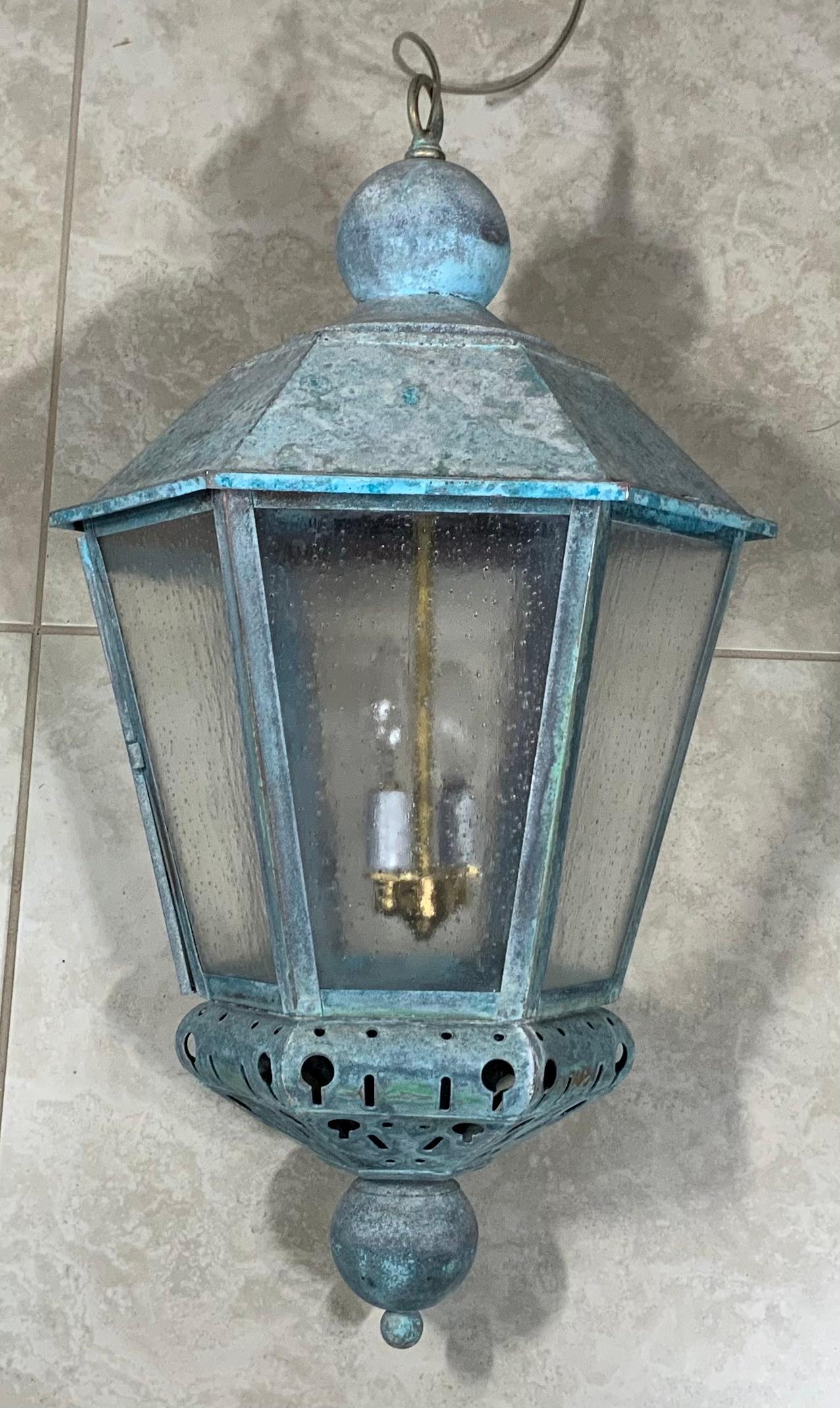 Single Vintage Six Sides Brass and Copper Hanging Lantern For Sale 2