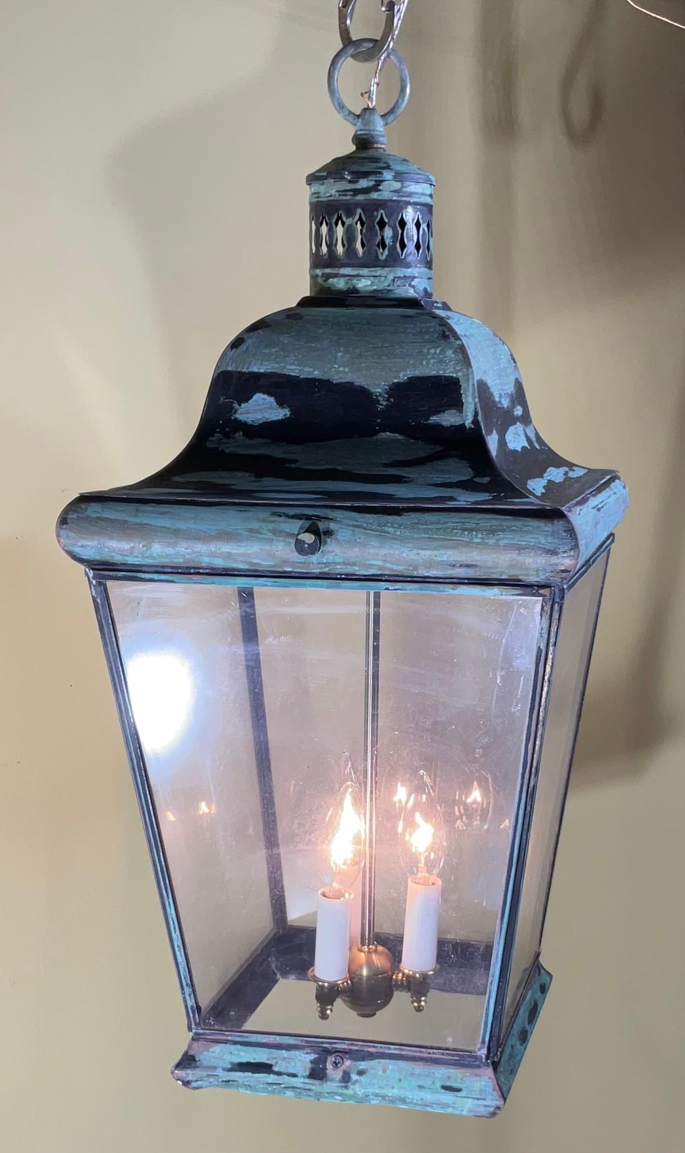 Hand-Crafted Single Vintage Square Hanging Lantern For Sale