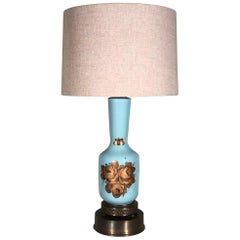 Single Vintage Teal Blue Ceramic and Floral Gilt Table Lamp
