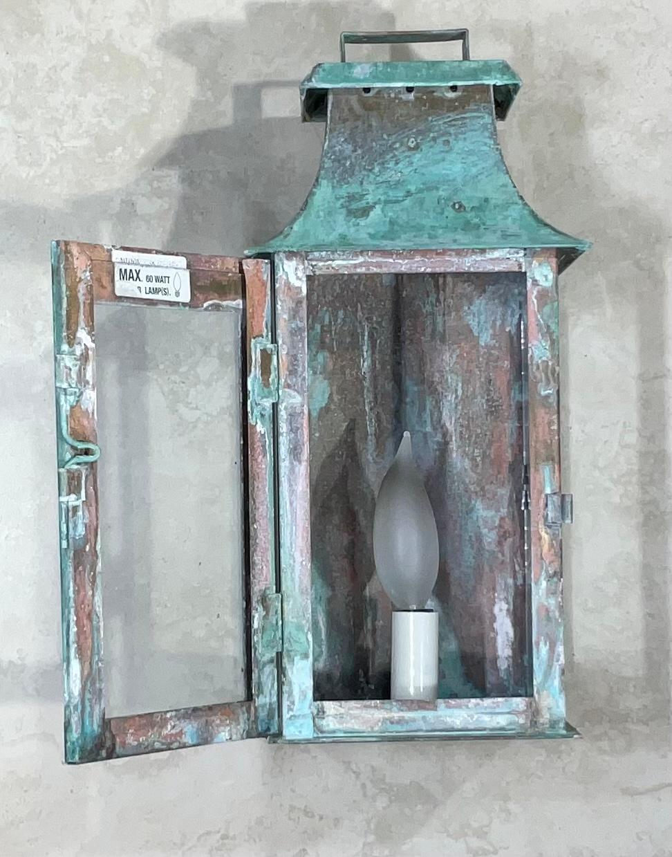 Wall lantern made of solid copper, beautiful oxidized patina with one 60/watt light. Suitable for wet location UL approved up to US code.