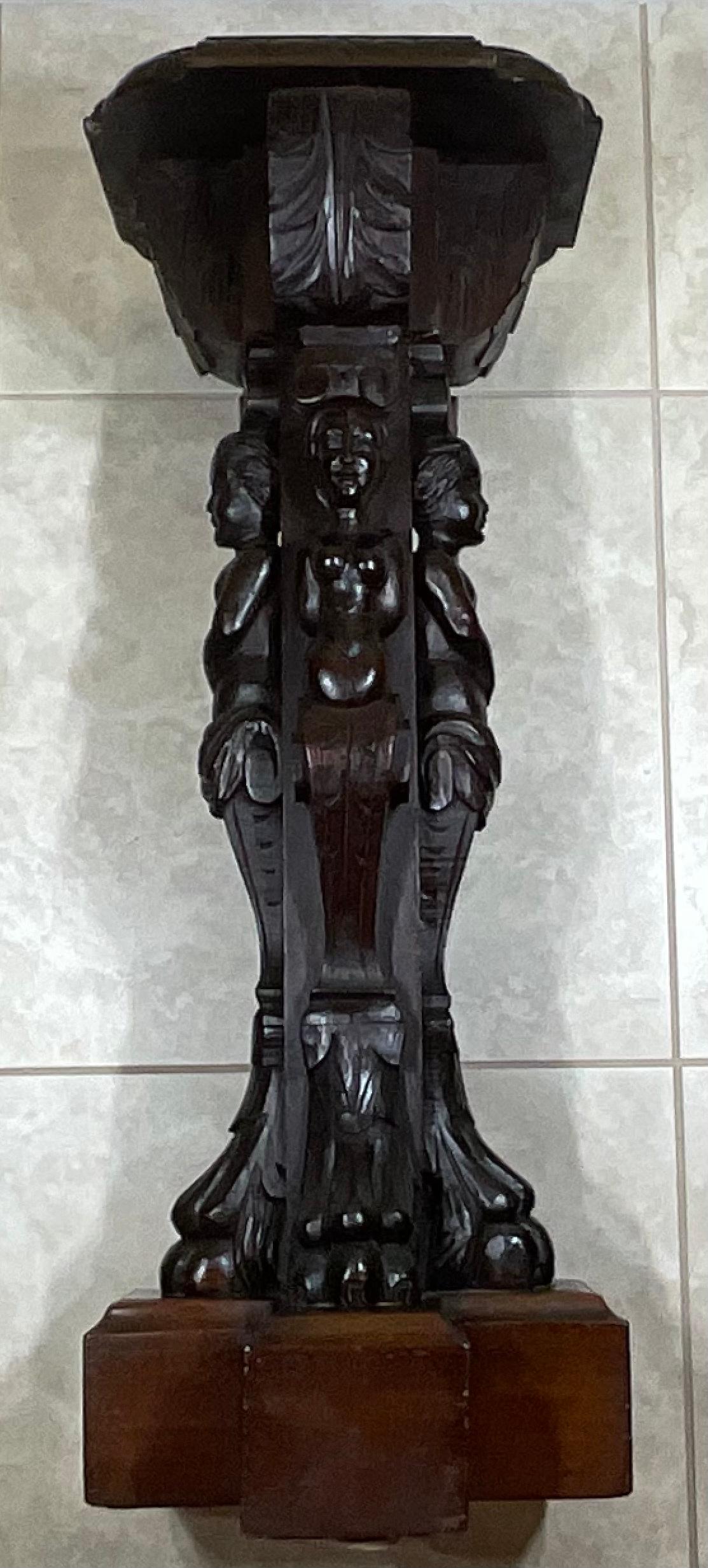Elegant pedestal made of carved walnut wood with intriguing four figures of woman. Intricate and vivid carving with many details will make this pedestal as obj of art by itself.