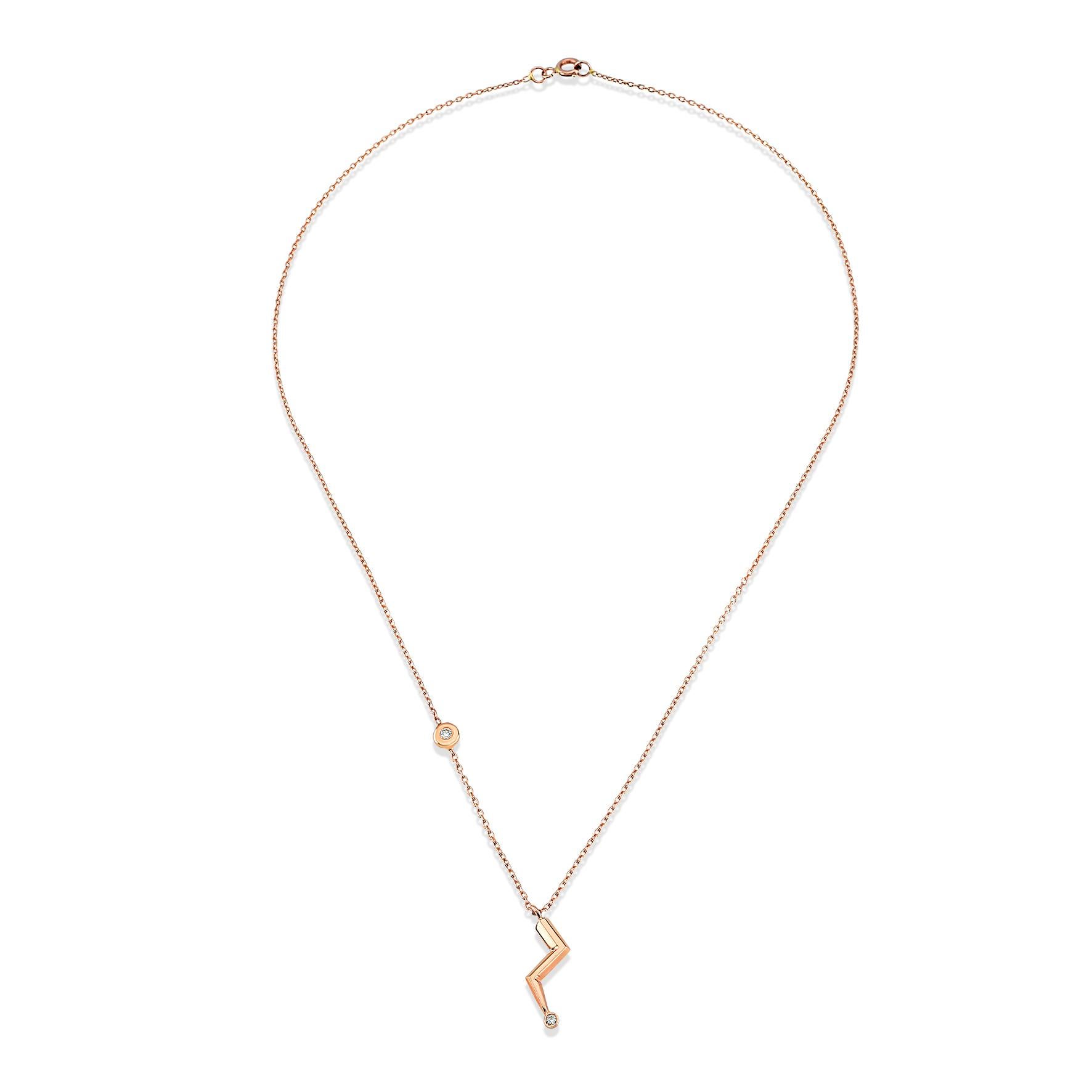 Single white diamond small lightning necklace in rose gold by Selda Jewellery

Additional Information:-
Collection: Thunder Collection
14k Rose gold
0.045ct White diamond
Lightning height: 1.5cm
Chain length: 42cm
